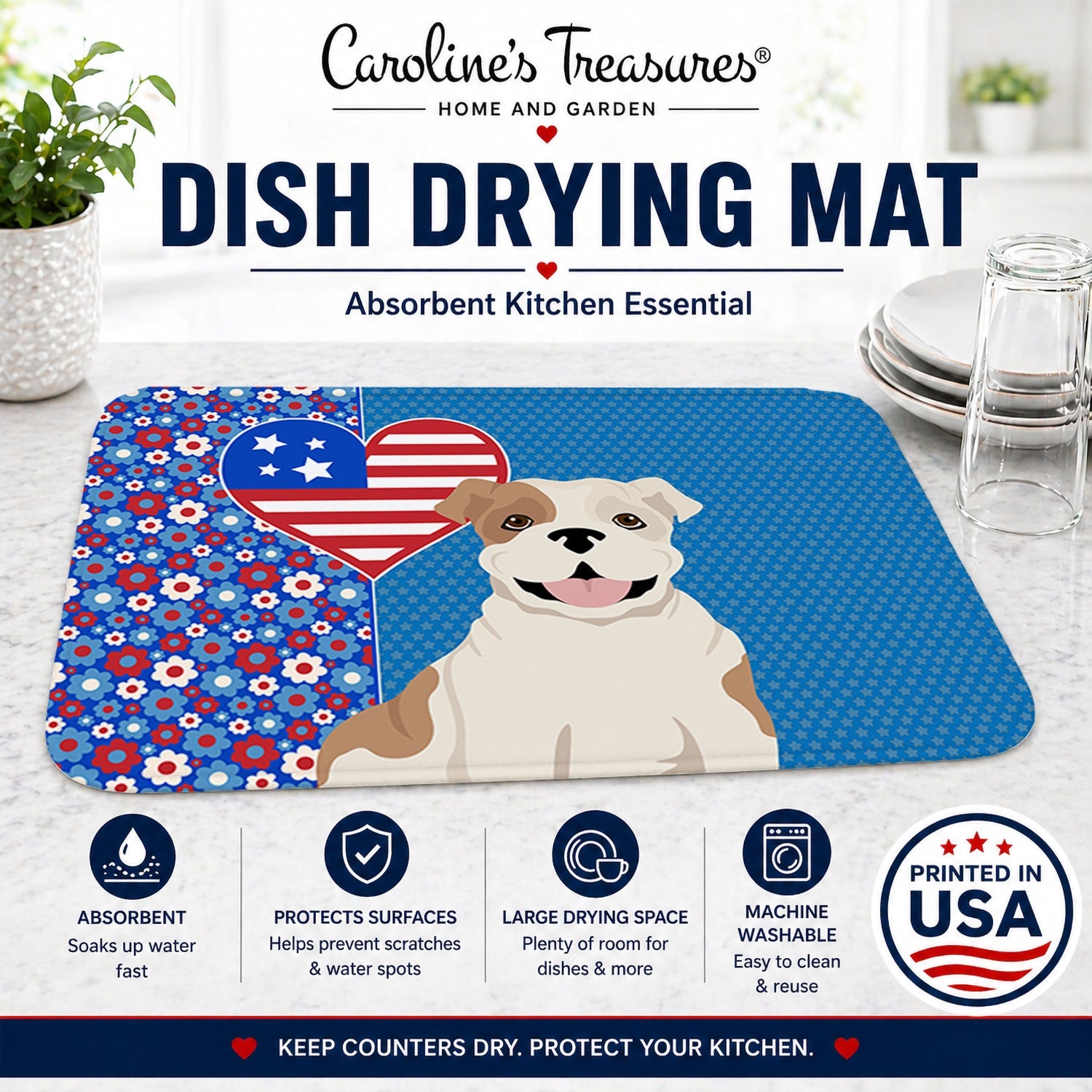 Piebald English Bulldog USA American Dish Drying Mat Absorbent Dish Drying Mat Pad for Kitchen Counter Dish Drainer Mat for Countertop, 14 x 21", Multicolor