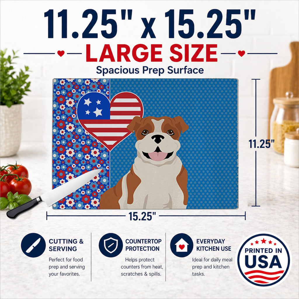 Red English Bulldog USA American Cutting Board Tempered Glass Kitchen Cutting Surface, Heat Resistant Chopping, Non-Slip Feet, Food Prep & Serving