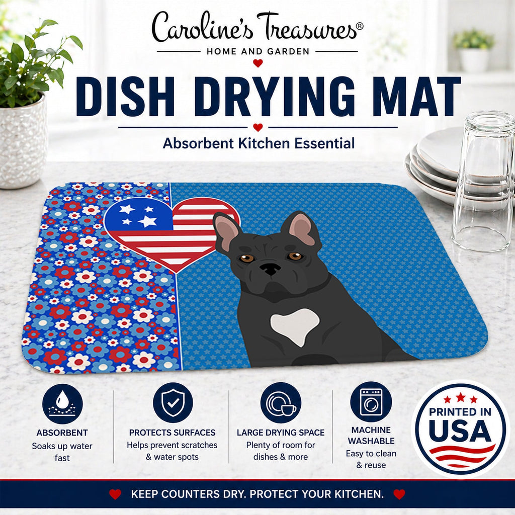 Black French Bulldog USA American Dish Drying Mat Absorbent Dish Drying Mat Pad for Kitchen Counter Dish Drainer Mat for Countertop, 14 x 21", Multicolor