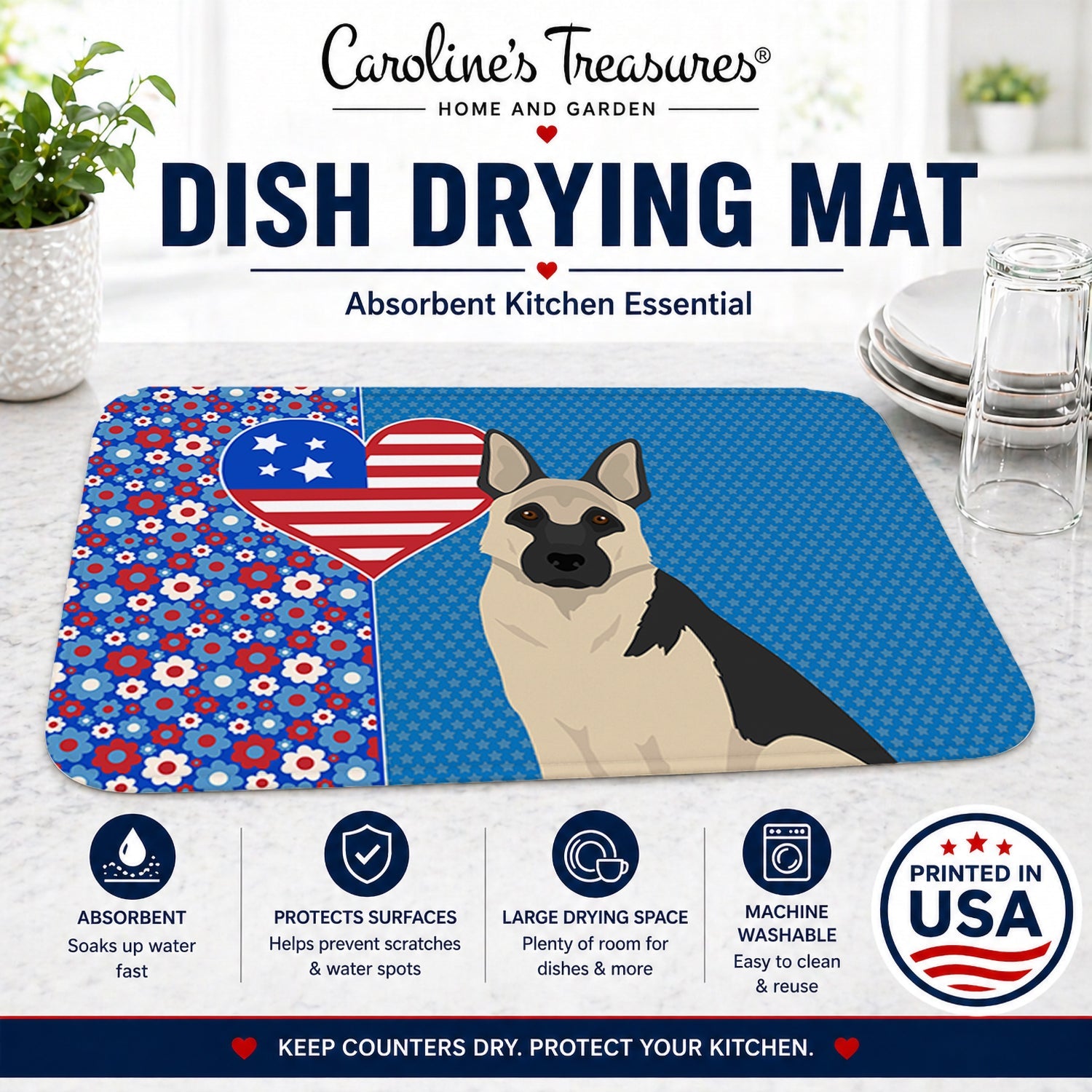 Black and Silver German Shepherd USA American Dish Drying Mat Absorbent Dish Drying Mat Pad for Kitchen Counter Dish Drainer Mat for Countertop, 14 x 21", Multicolor