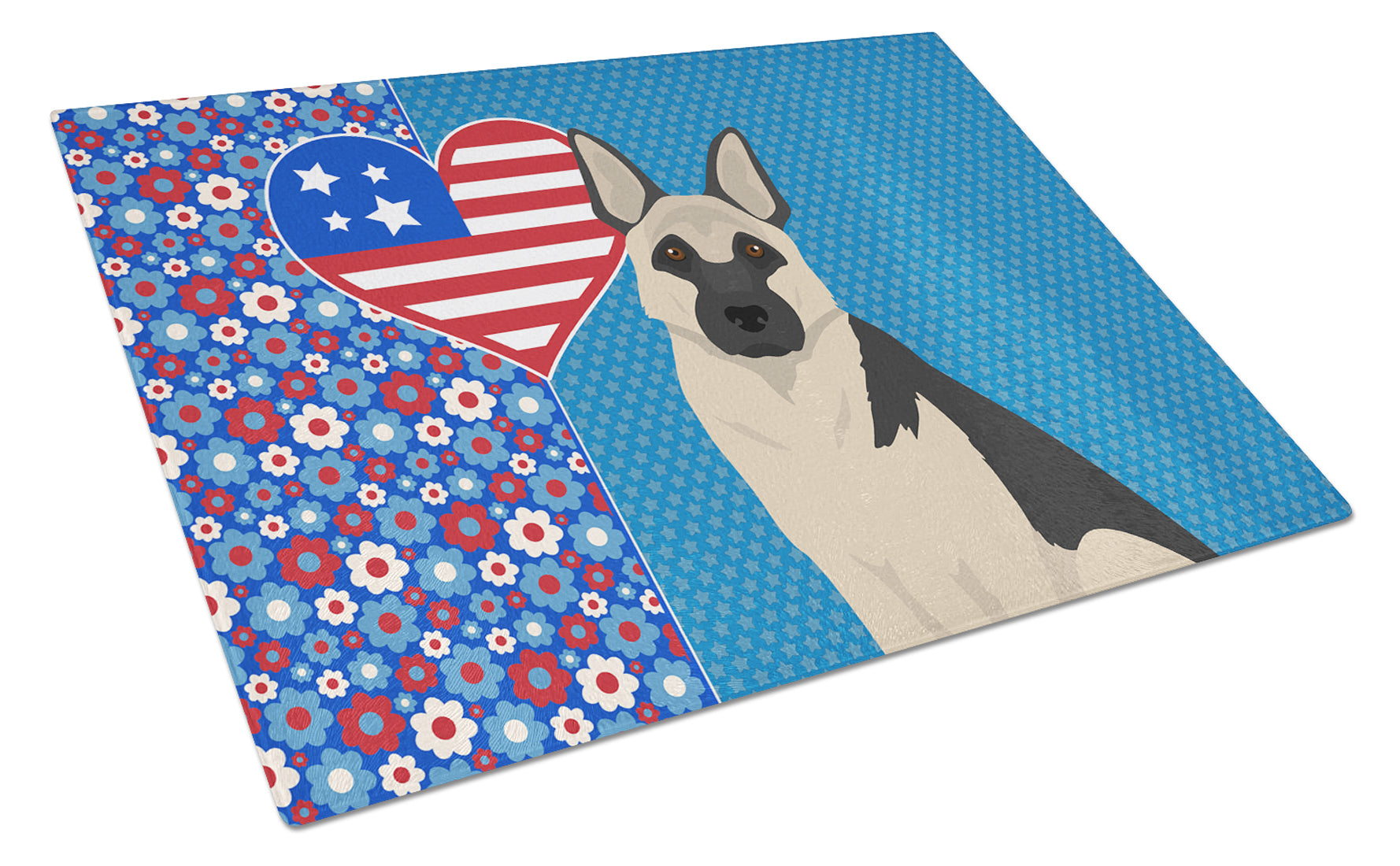 Black and Silver German Shepherd USA American Cutting Board Tempered Glass Kitchen Cutting Surface, Heat Resistant Chopping, Non-Slip Feet, Food Prep & Serving