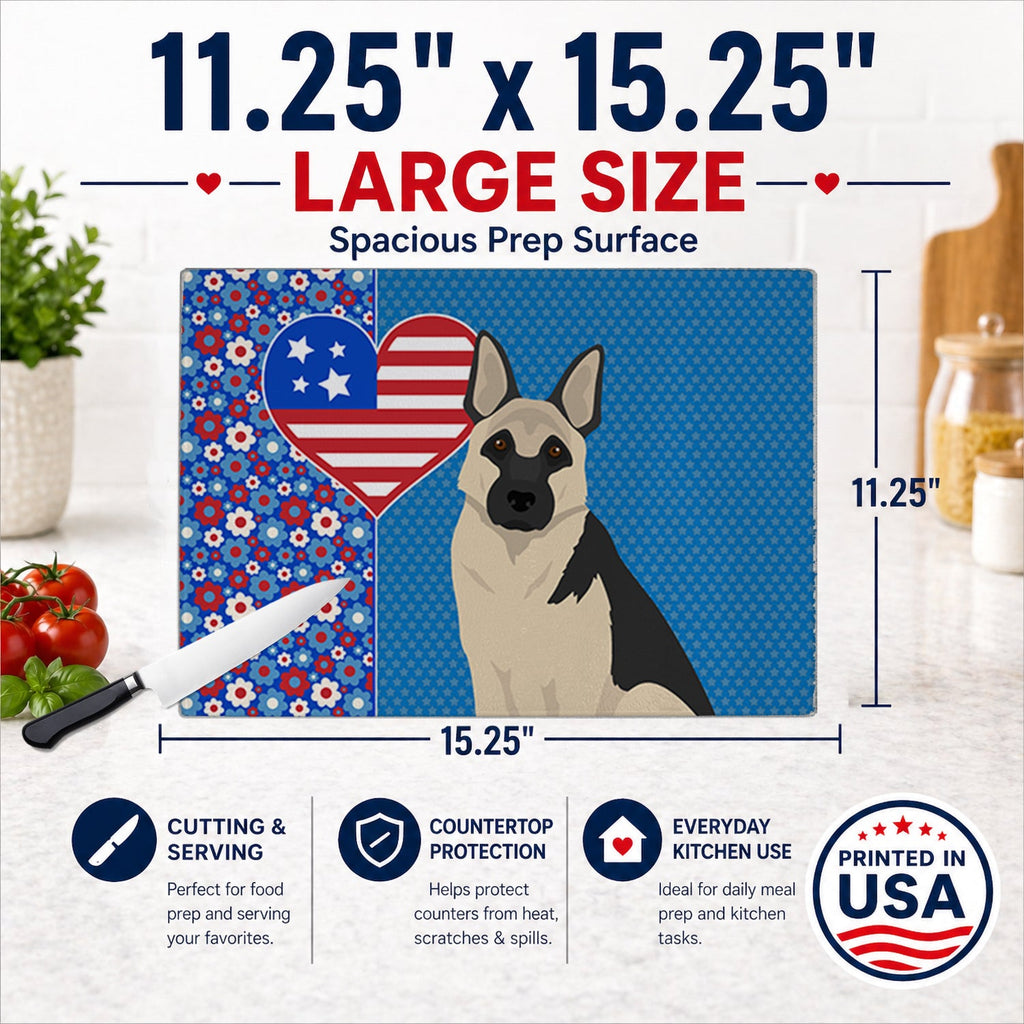 Black and Silver German Shepherd USA American Cutting Board Tempered Glass Kitchen Cutting Surface, Heat Resistant Chopping, Non-Slip Feet, Food Prep & Serving