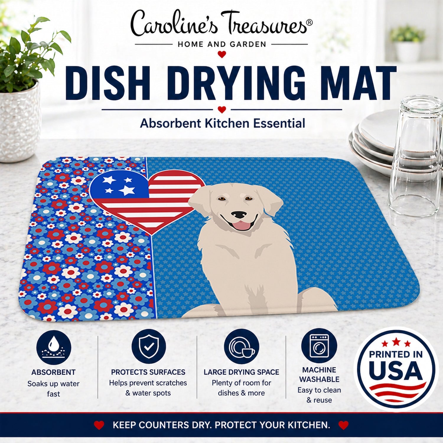 Cream Golden Retriever USA American Dish Drying Mat Absorbent Dish Drying Mat Pad for Kitchen Counter Dish Drainer Mat for Countertop, 14 x 21", Multicolor
