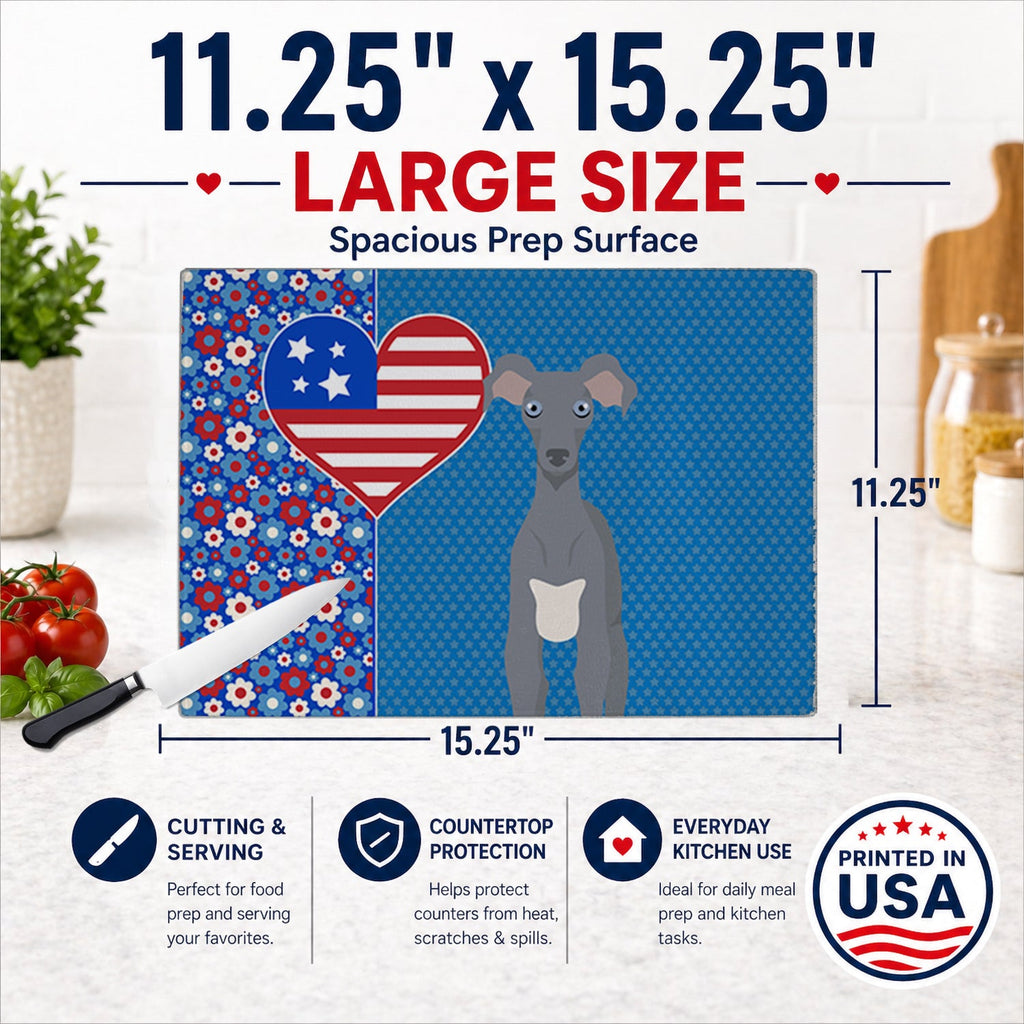 Gray Italian Greyhound USA American Cutting Board Tempered Glass Kitchen Cutting Surface, Heat Resistant Chopping, Non-Slip Feet, Food Prep & Serving