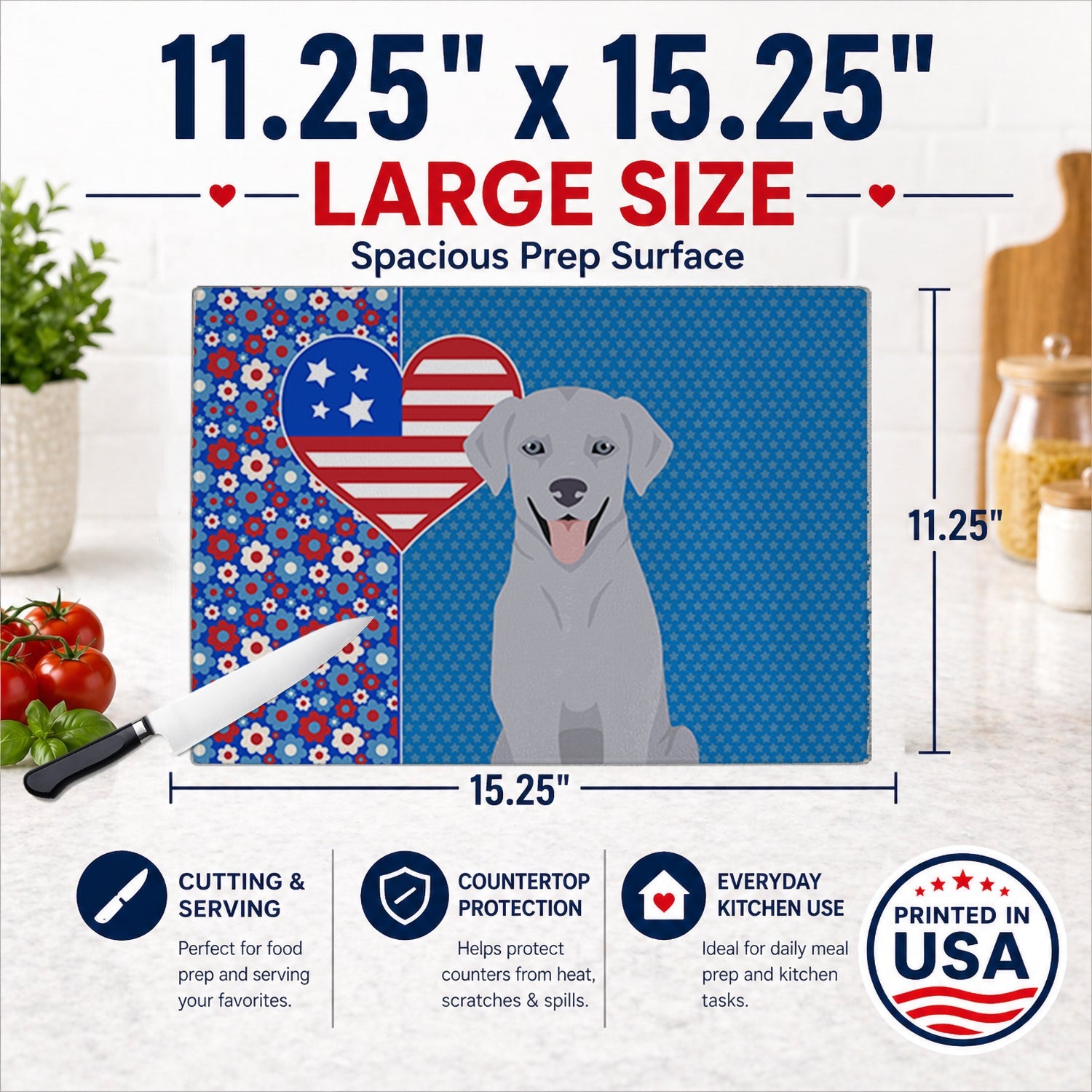 Silver Labrador Retriever USA American Cutting Board Tempered Glass Kitchen Cutting Surface, Heat Resistant Chopping, Non-Slip Feet, Food Prep & Serving