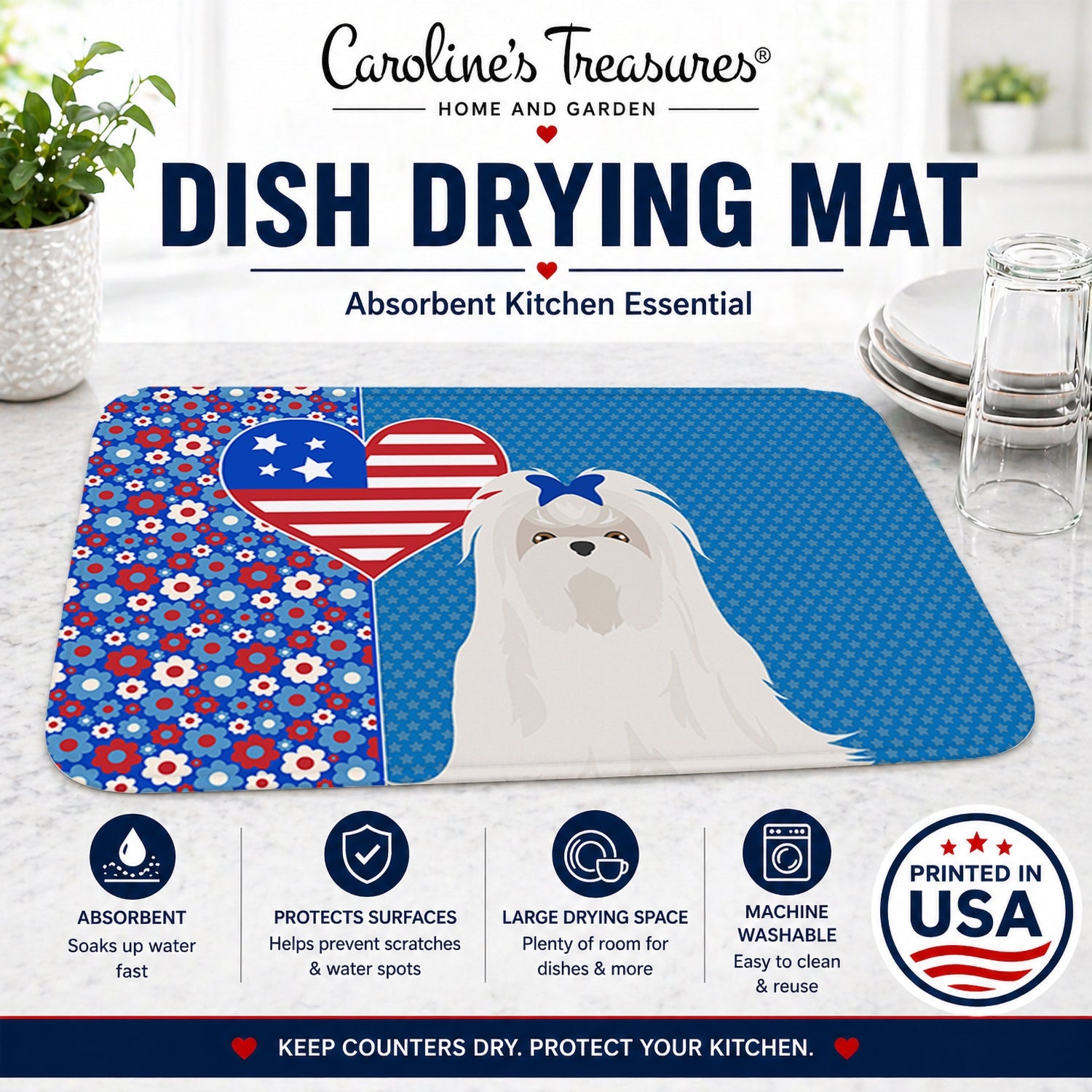 Maltese USA American Dish Drying Mat Absorbent Dish Drying Mat Pad for Kitchen Counter Dish Drainer Mat for Countertop, 14 x 21", Multicolor