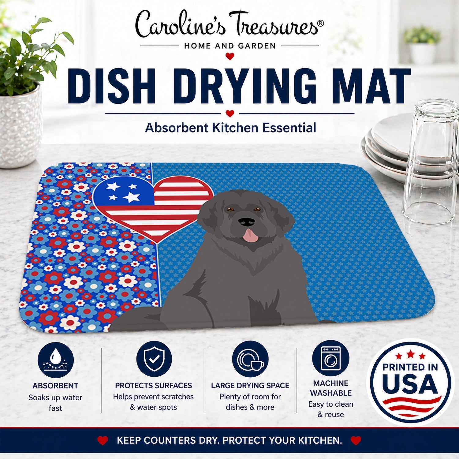 Grey Newfoundland USA American Dish Drying Mat Absorbent Dish Drying Mat Pad for Kitchen Counter Dish Drainer Mat for Countertop, 14 x 21", Multicolor