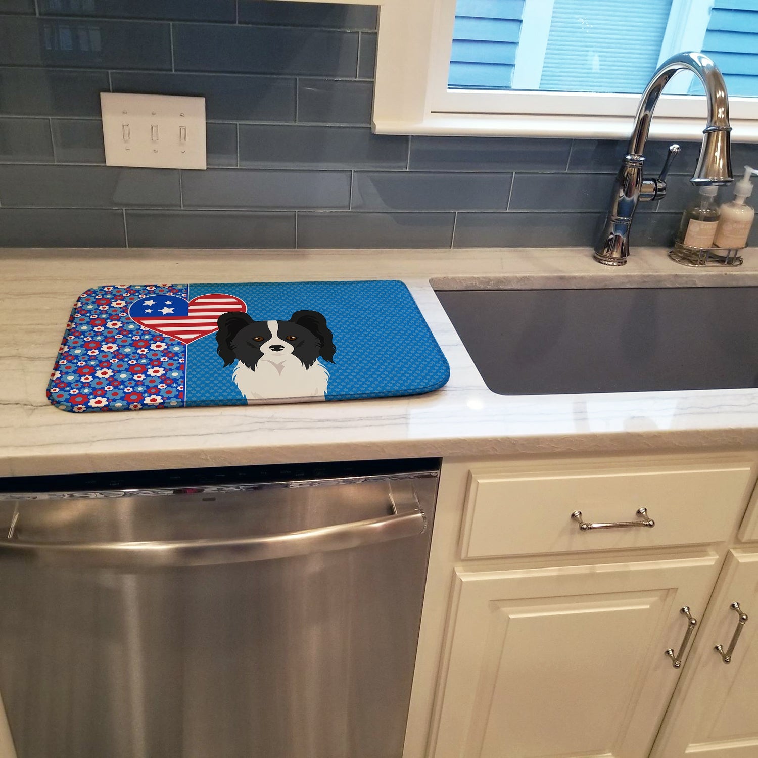 Black and White Papillon USA American Dish Drying Mat Absorbent Dish Drying Mat Pad for Kitchen Counter Dish Drainer Mat for Countertop, 14 x 21", Multicolor