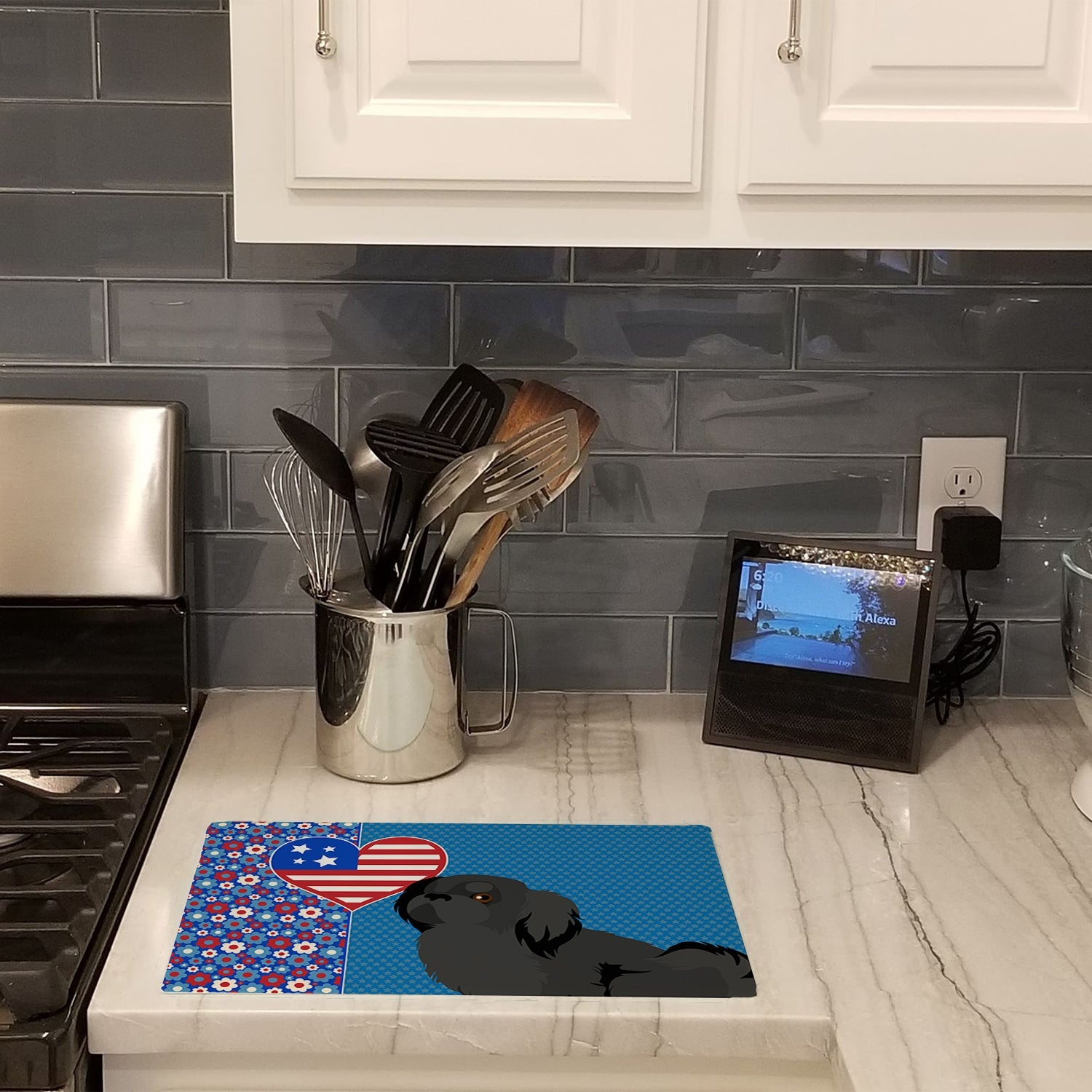 Black Pekingese USA American Cutting Board Tempered Glass Kitchen Cutting Surface, Heat Resistant Chopping, Non-Slip Feet, Food Prep & Serving