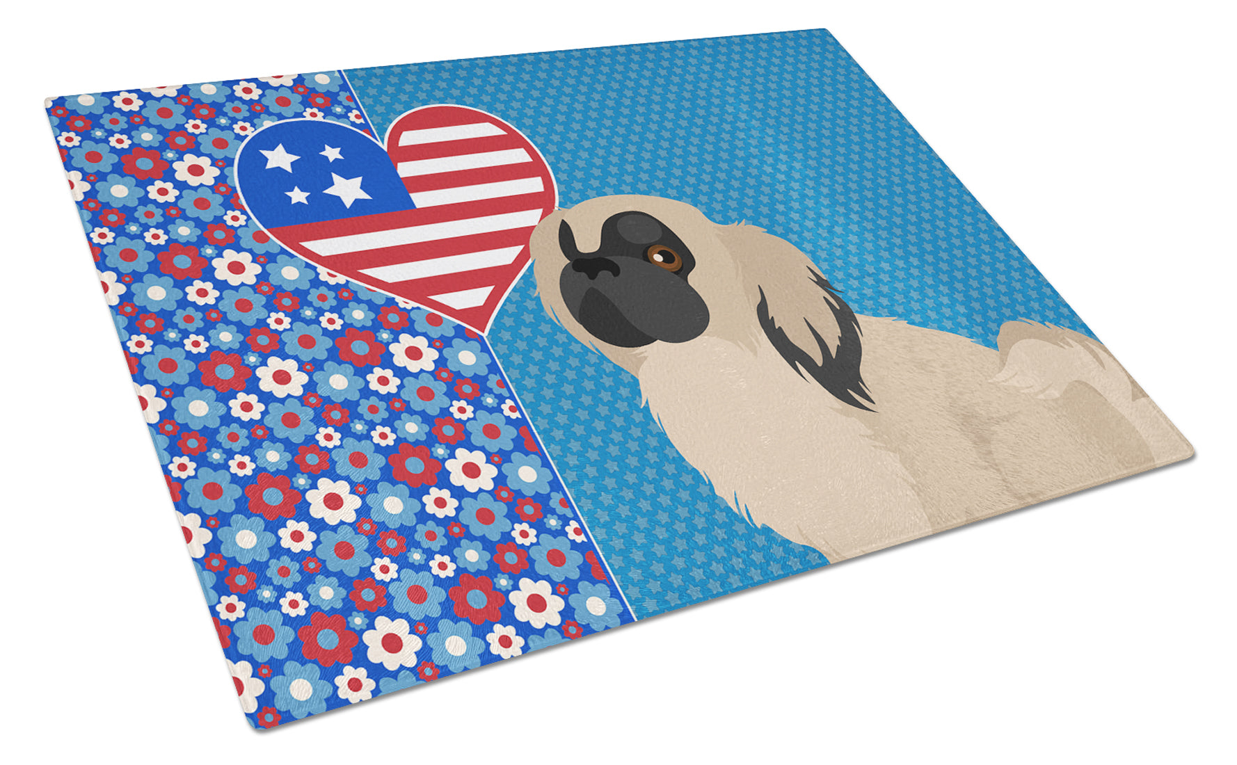 Cream Pekingese USA American Cutting Board Tempered Glass Kitchen Cutting Surface, Heat Resistant Chopping, Non-Slip Feet, Food Prep & Serving