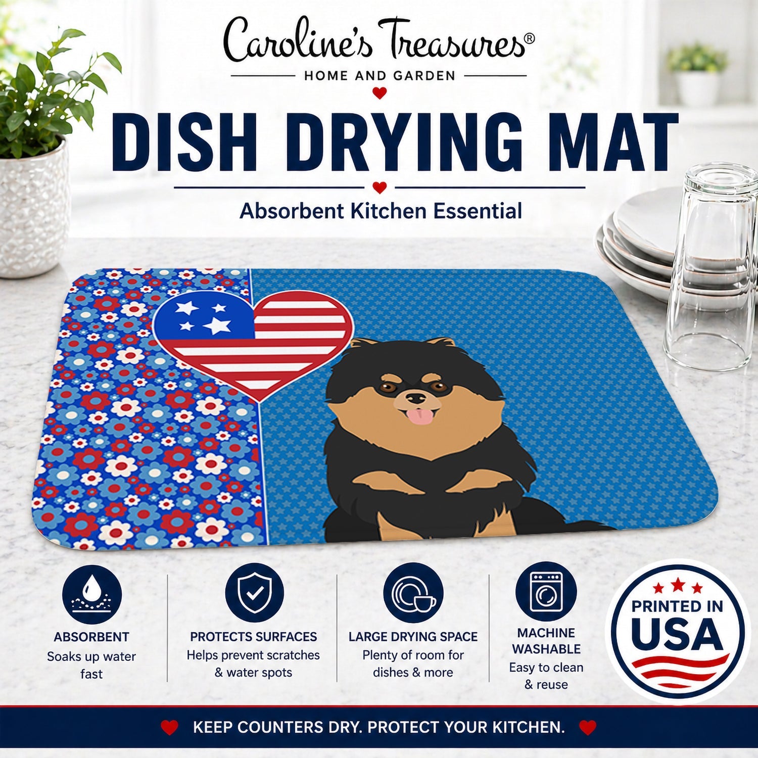 Black and Tan Pomeranian USA American Dish Drying Mat Absorbent Dish Drying Mat Pad for Kitchen Counter Dish Drainer Mat for Countertop, 14 x 21", Multicolor