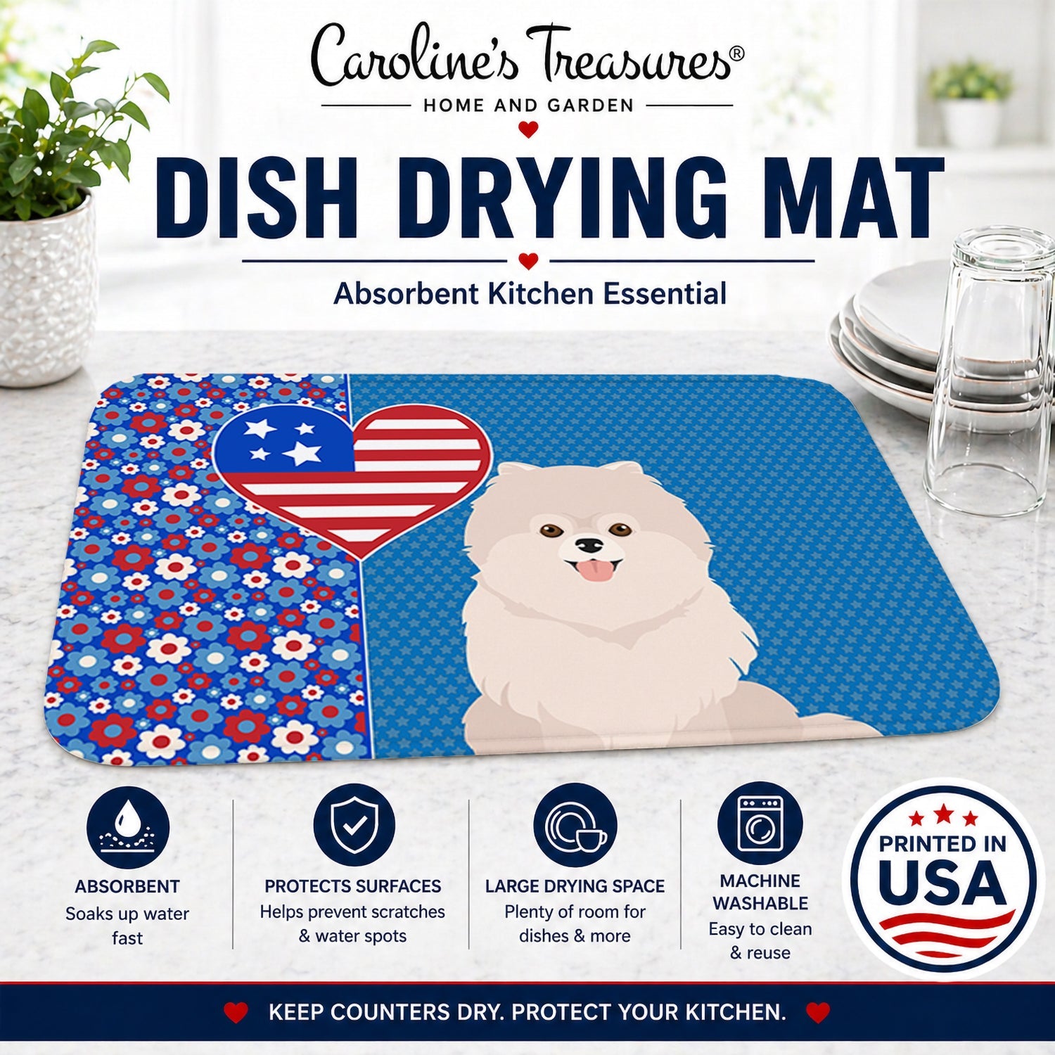 White Pomeranian USA American Dish Drying Mat Absorbent Dish Drying Mat Pad for Kitchen Counter Dish Drainer Mat for Countertop, 14 x 21", Multicolor