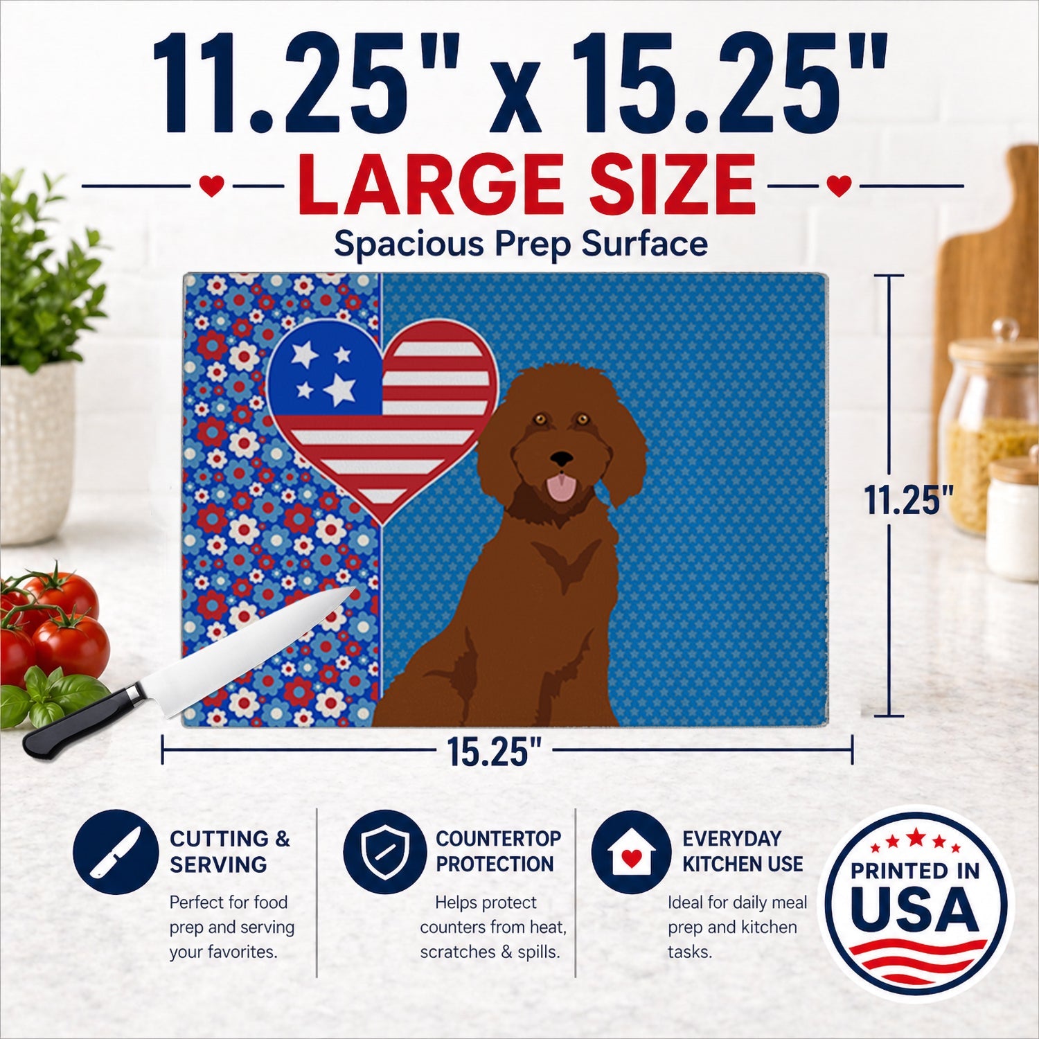 Standard Red Poodle USA American Cutting Board Tempered Glass Kitchen Cutting Surface, Heat Resistant Chopping, Non-Slip Feet, Food Prep & Serving