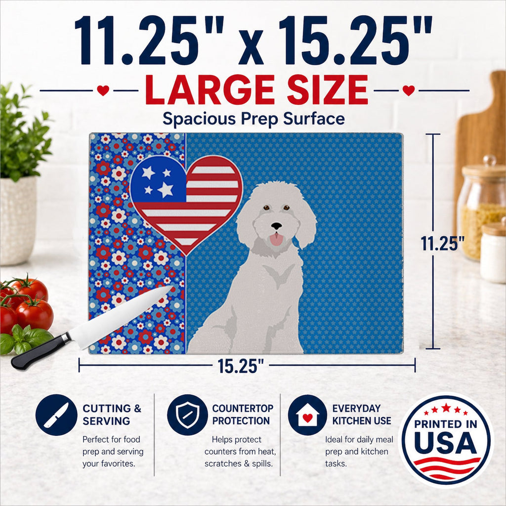 Standard White Poodle USA American Cutting Board Tempered Glass Kitchen Cutting Surface, Heat Resistant Chopping, Non-Slip Feet, Food Prep & Serving