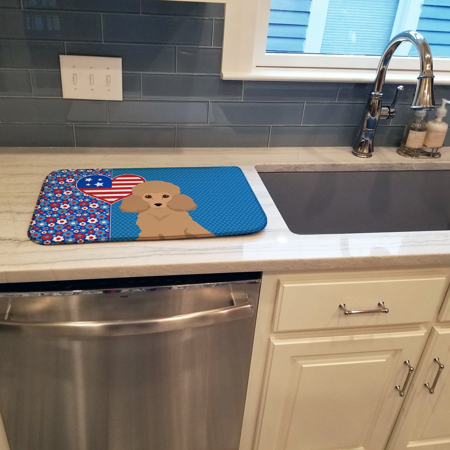 Toy Apricot Poodle USA American Dish Drying Mat Absorbent Dish Drying Mat Pad for Kitchen Counter Dish Drainer Mat for Countertop, 14 x 21", Multicolor