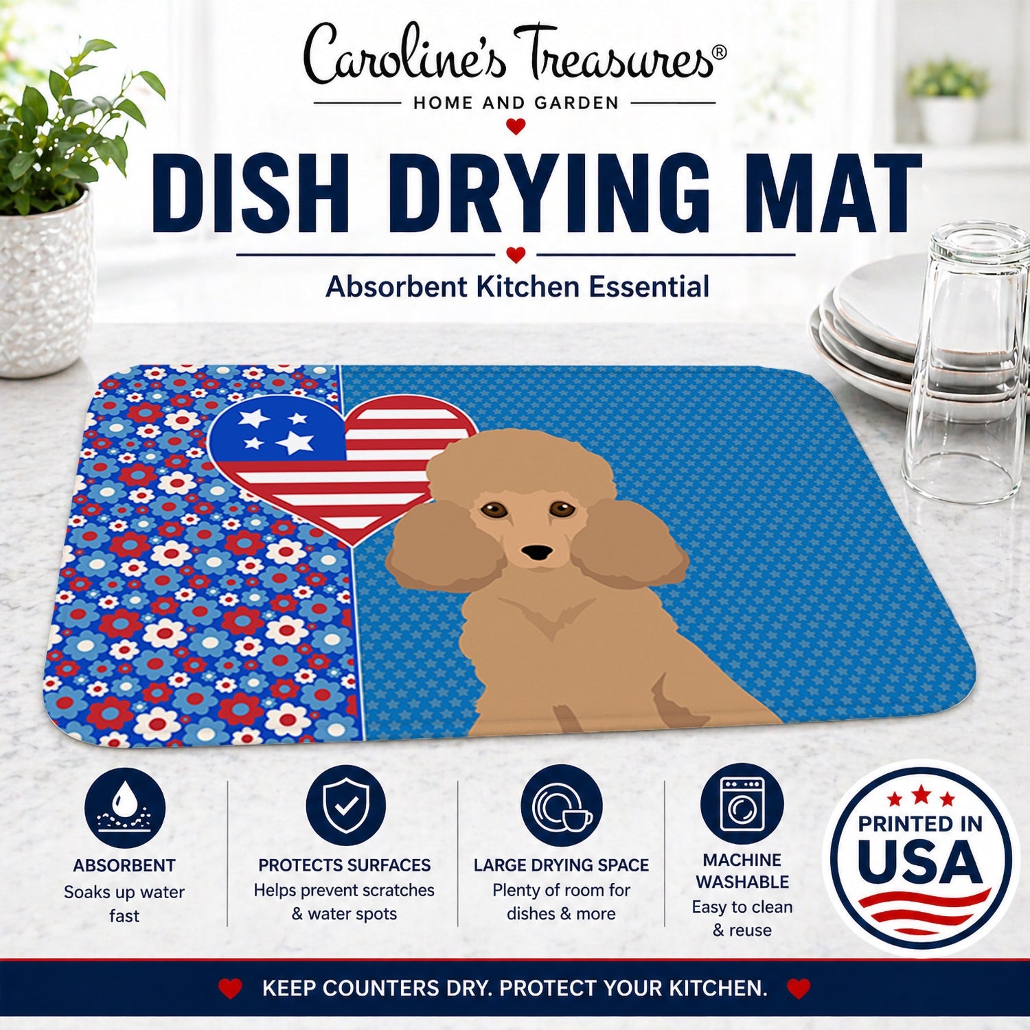 Toy Apricot Poodle USA American Dish Drying Mat Absorbent Dish Drying Mat Pad for Kitchen Counter Dish Drainer Mat for Countertop, 14 x 21", Multicolor