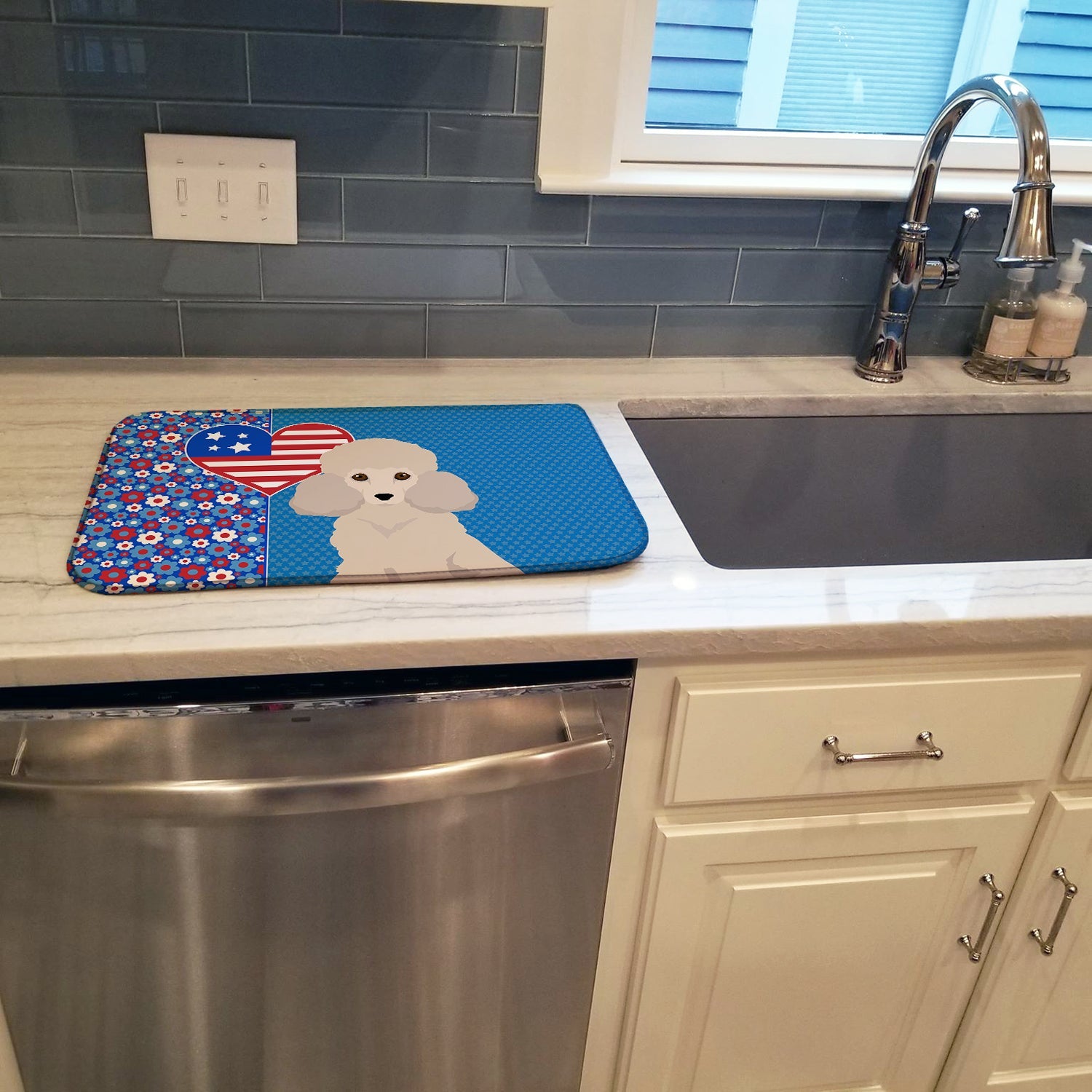 Toy Cream Poodle USA American Dish Drying Mat Absorbent Dish Drying Mat Pad for Kitchen Counter Dish Drainer Mat for Countertop, 14 x 21", Multicolor