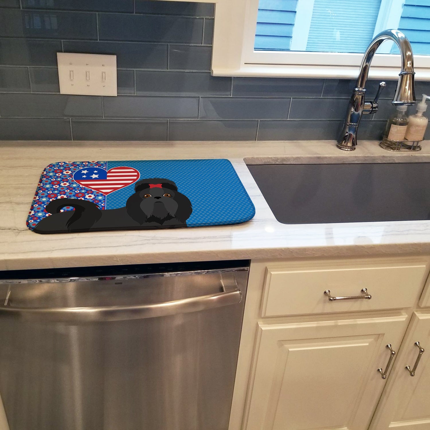 Black Shih Tzu USA American Dish Drying Mat Absorbent Dish Drying Mat Pad for Kitchen Counter Dish Drainer Mat for Countertop, 14 x 21", Multicolor