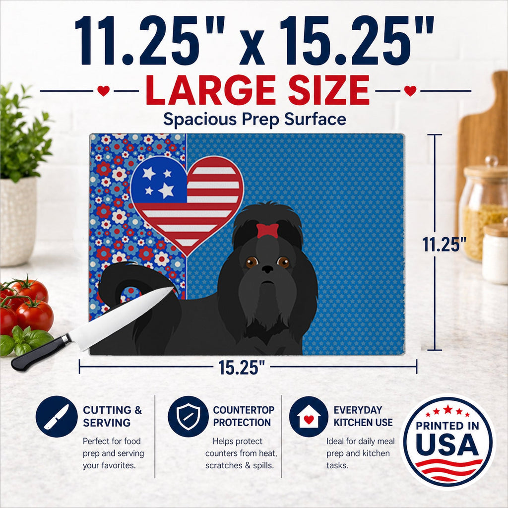 Black Shih Tzu USA American Cutting Board Tempered Glass Kitchen Cutting Surface, Heat Resistant Chopping, Non-Slip Feet, Food Prep & Serving