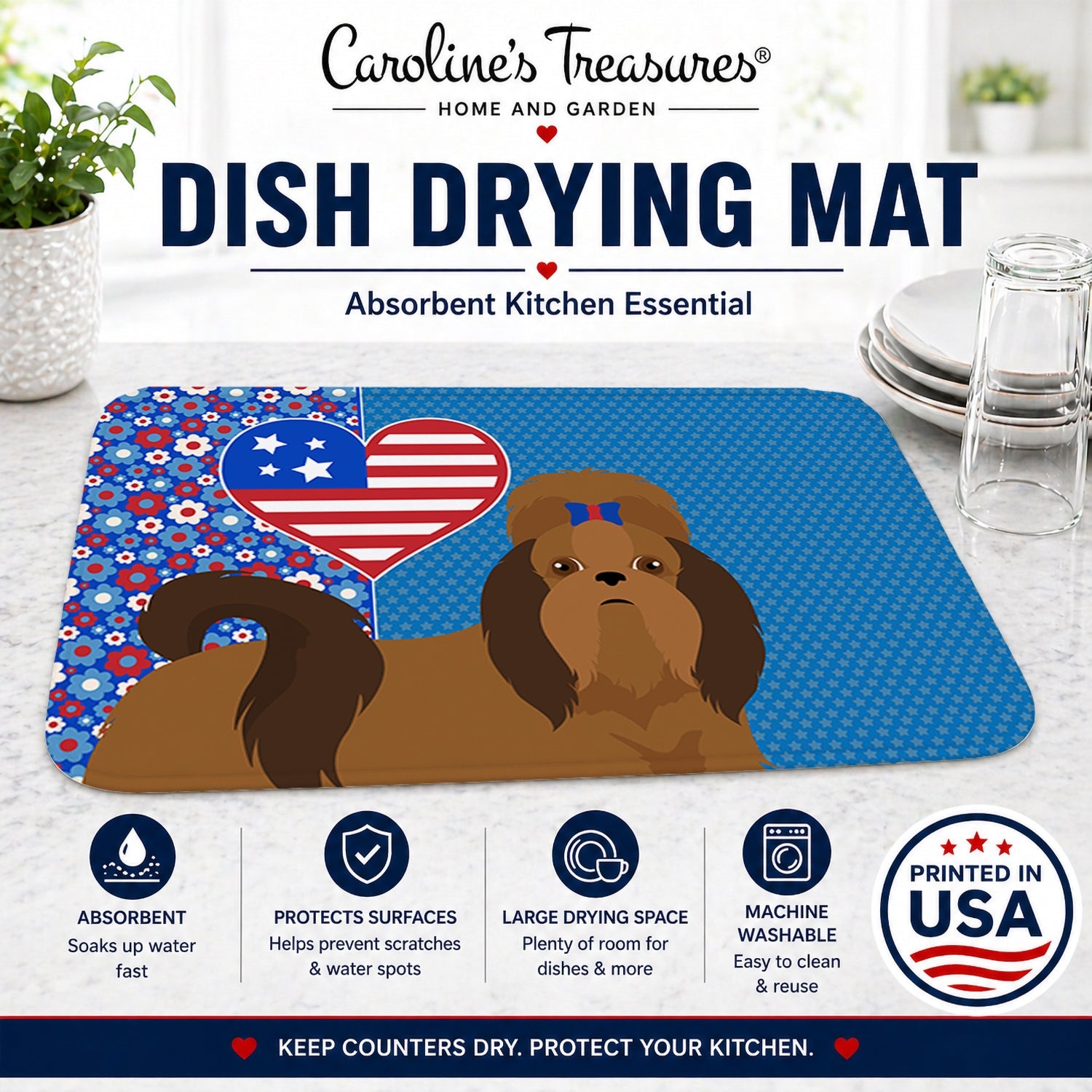 Red Shih Tzu USA American Dish Drying Mat Absorbent Dish Drying Mat Pad for Kitchen Counter Dish Drainer Mat for Countertop, 14 x 21", Multicolor