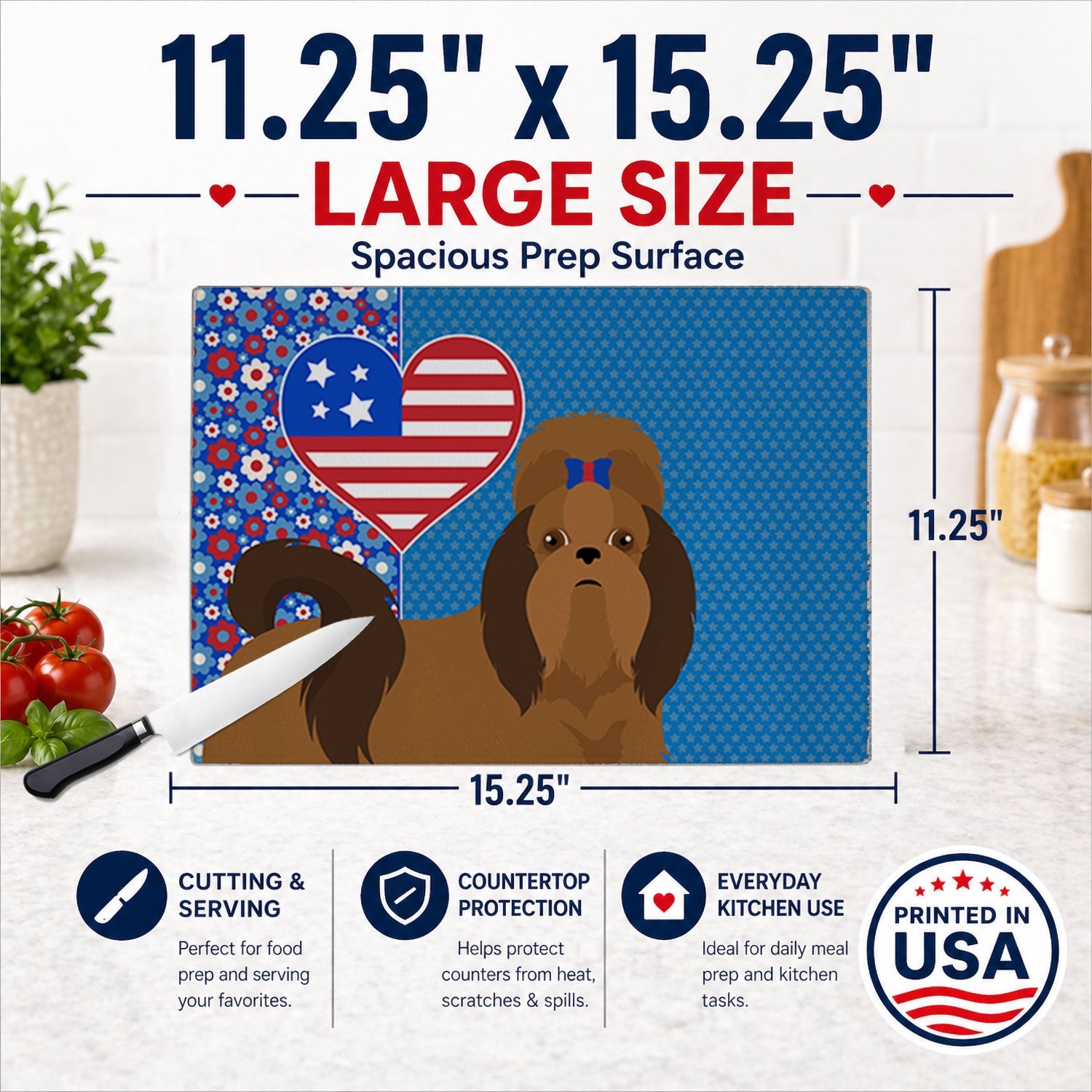 Red Shih Tzu USA American Cutting Board Tempered Glass Kitchen Cutting Surface, Heat Resistant Chopping, Non-Slip Feet, Food Prep & Serving
