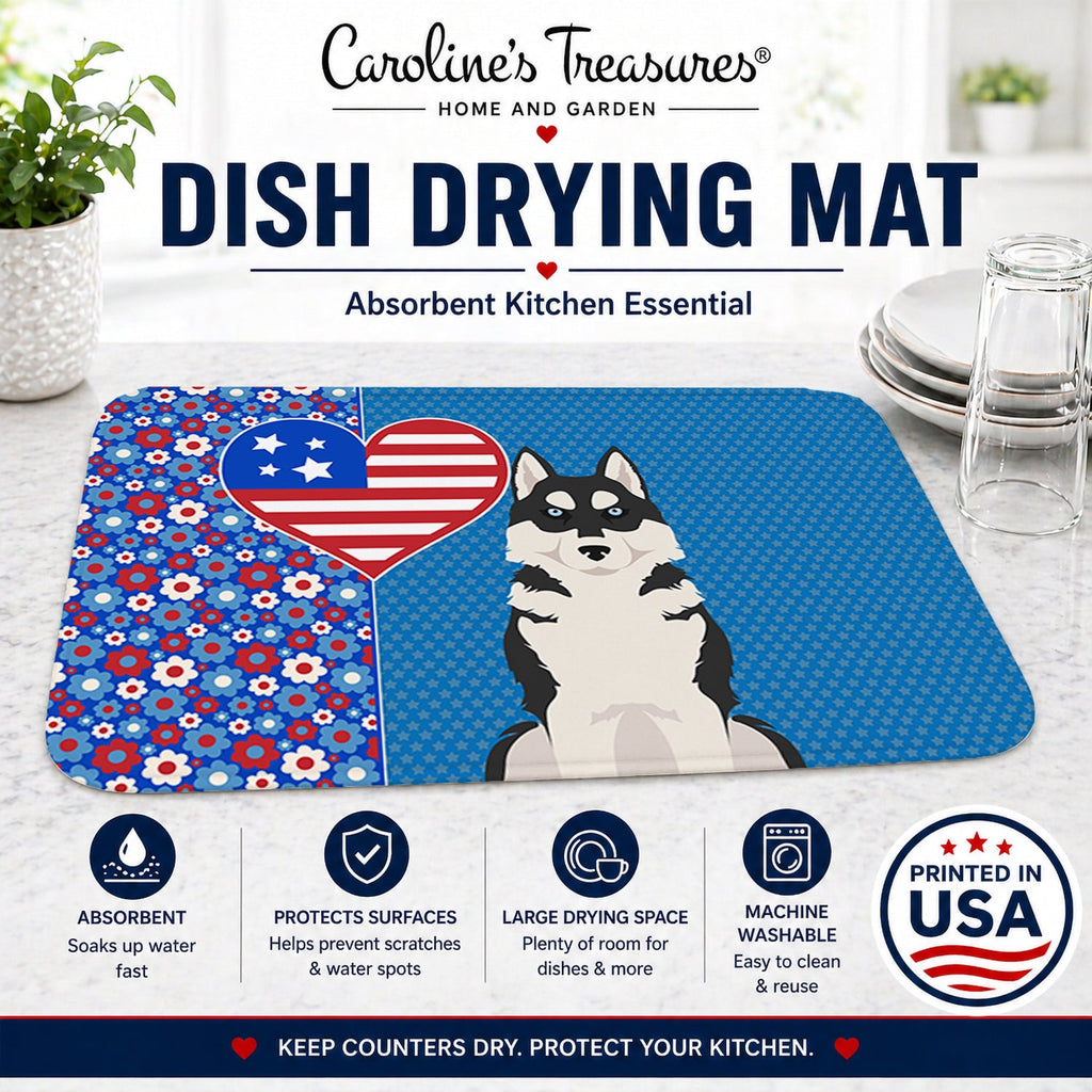 Black Siberian Husky USA American Dish Drying Mat Absorbent Dish Drying Mat Pad for Kitchen Counter Dish Drainer Mat for Countertop, 14 x 21", Multicolor