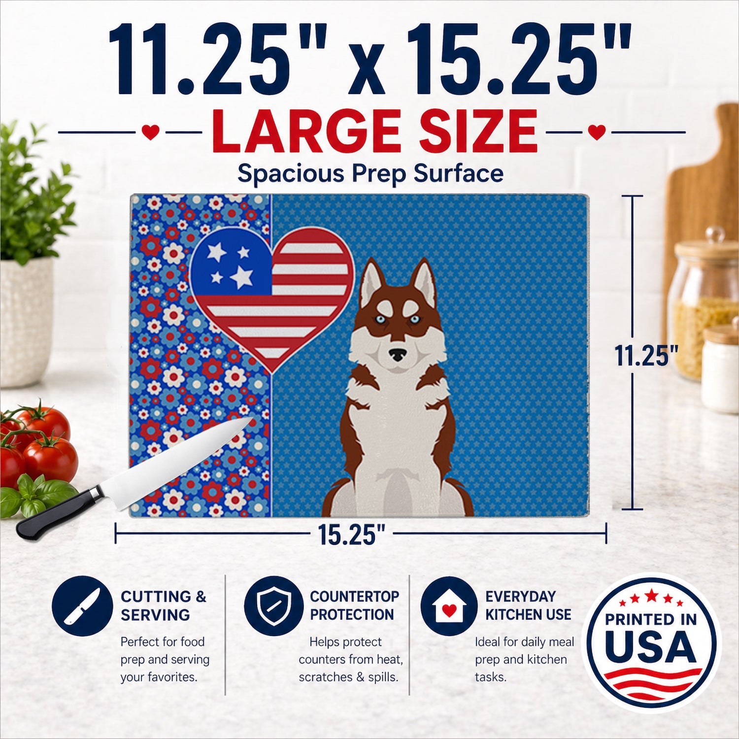 Red Siberian Husky USA American Cutting Board Tempered Glass Kitchen Cutting Surface, Heat Resistant Chopping, Non-Slip Feet, Food Prep & Serving
