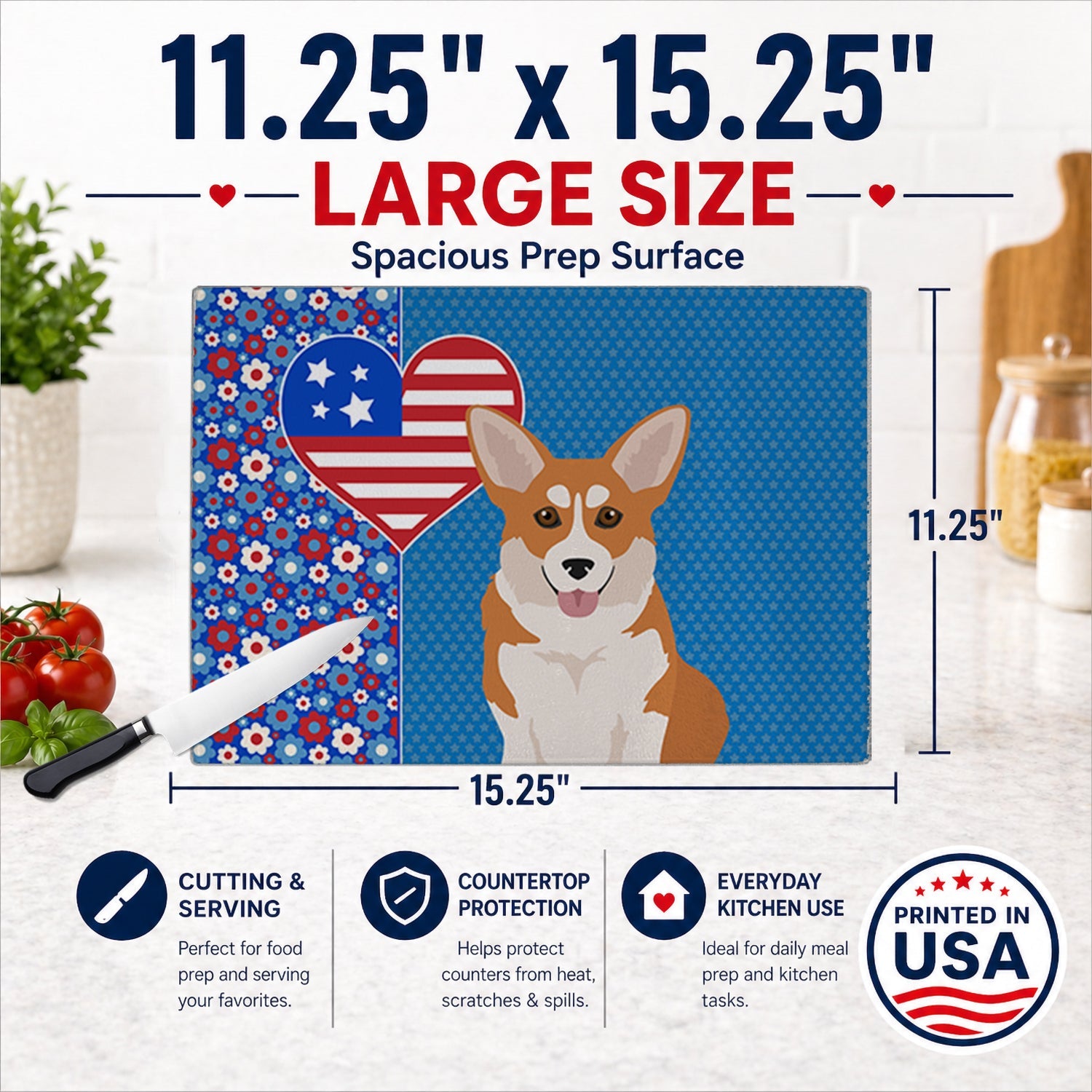 Red Pembroke Corgi USA American Cutting Board Tempered Glass Kitchen Cutting Surface, Heat Resistant Chopping, Non-Slip Feet, Food Prep & Serving