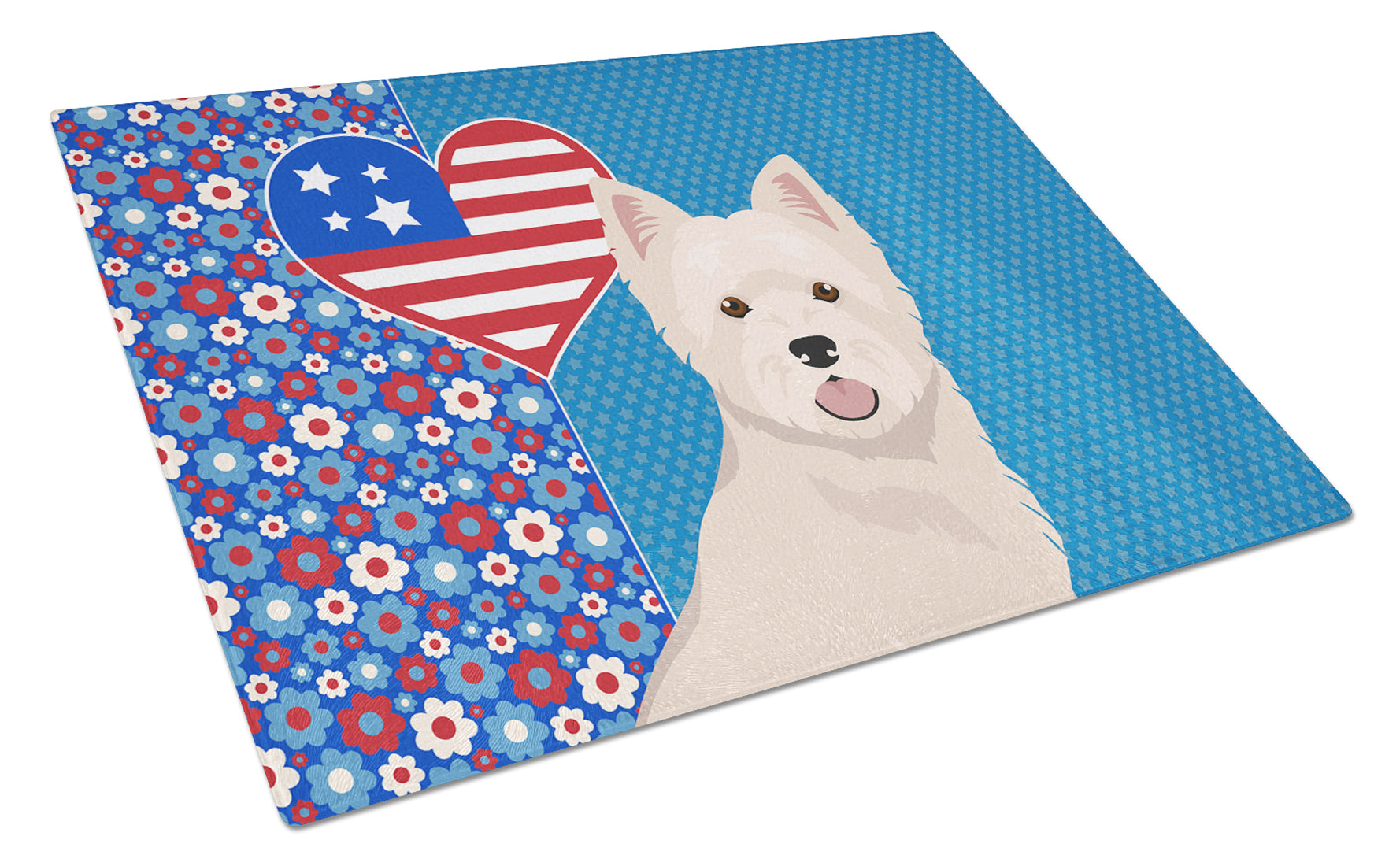 Westie West Highland White Terrier USA American Cutting Board Tempered Glass Kitchen Cutting Surface, Heat Resistant Chopping, Non-Slip Feet, Food Prep & Serving