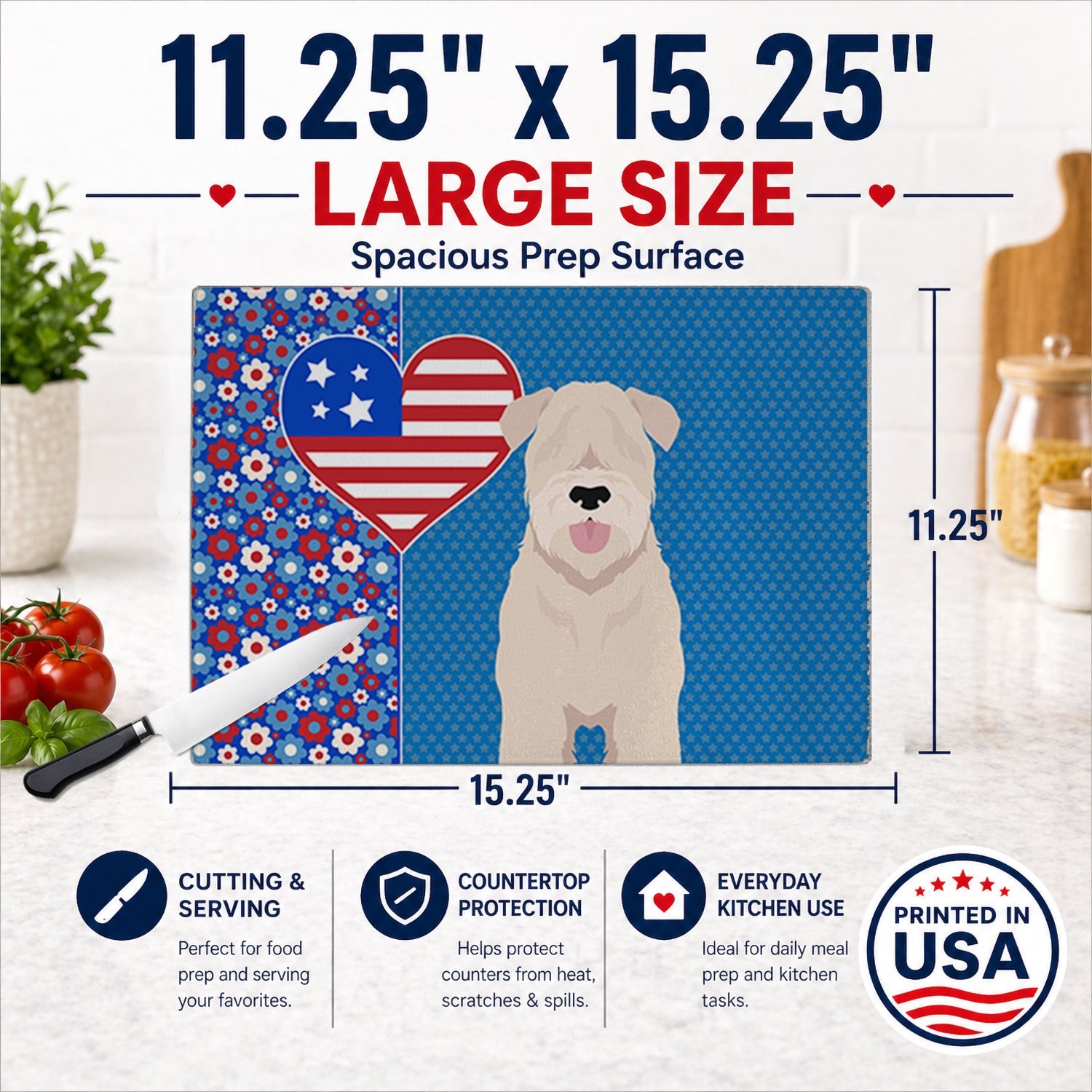 Soft Coated Wheaten Terrier USA American Cutting Board Tempered Glass Kitchen Cutting Surface, Heat Resistant Chopping, Non-Slip Feet, Food Prep & Serving