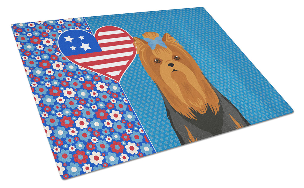 Black and Tan Full Coat Yorkshire Terrier USA American Cutting Board Tempered Glass Kitchen Cutting Surface, Heat Resistant Chopping, Non-Slip Feet, Food Prep & Serving