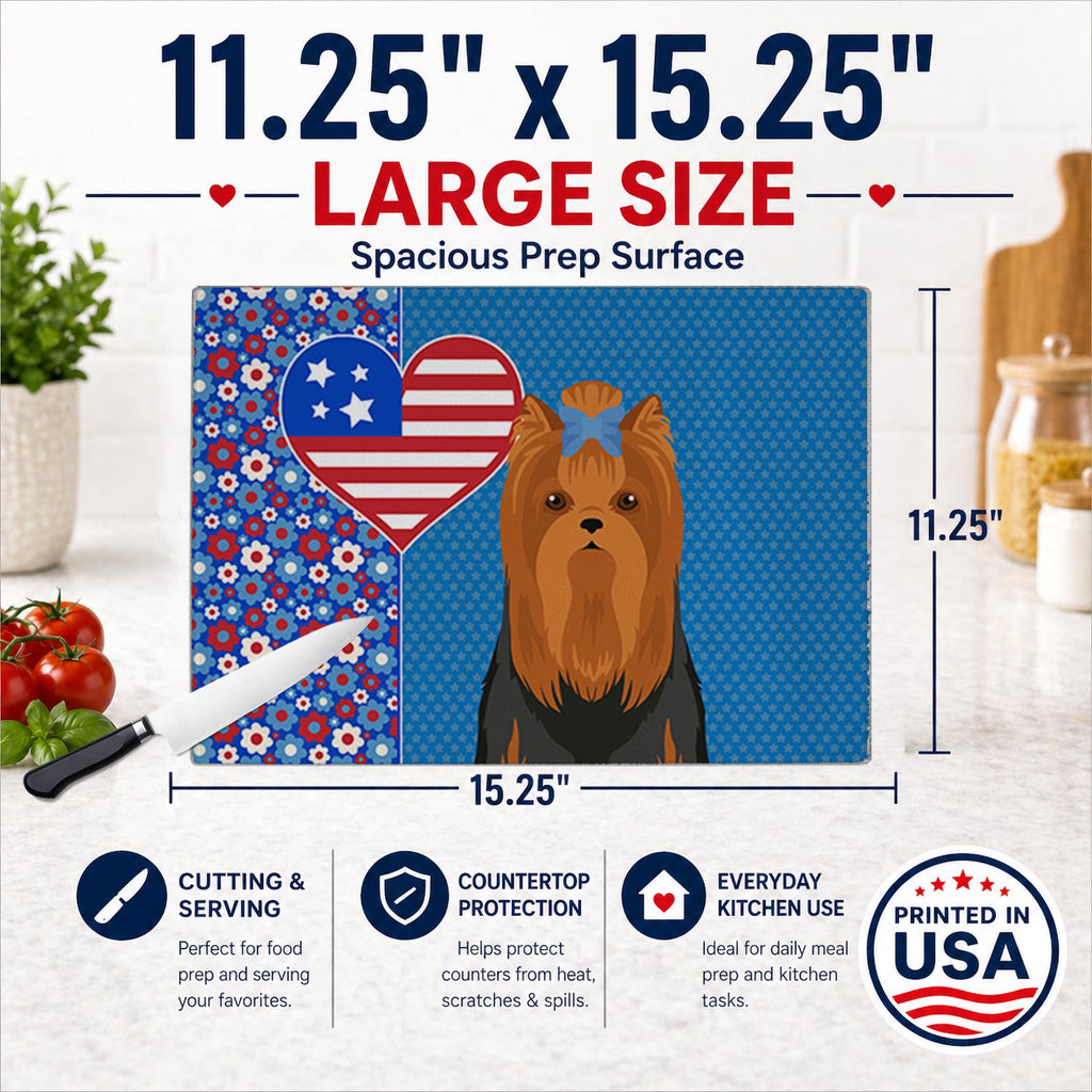 Black and Tan Full Coat Yorkshire Terrier USA American Cutting Board Tempered Glass Kitchen Cutting Surface, Heat Resistant Chopping, Non-Slip Feet, Food Prep & Serving