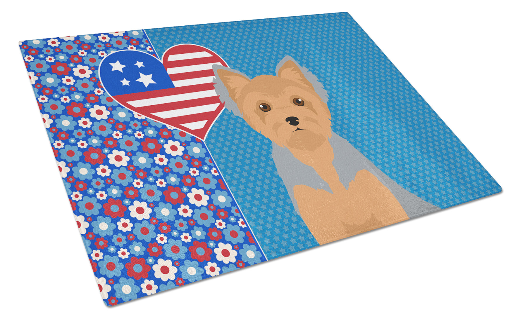Blue and Tan Puppy Cut Yorkshire Terrier USA American Cutting Board Tempered Glass Kitchen Cutting Surface, Heat Resistant Chopping, Non-Slip Feet, Food Prep & Serving