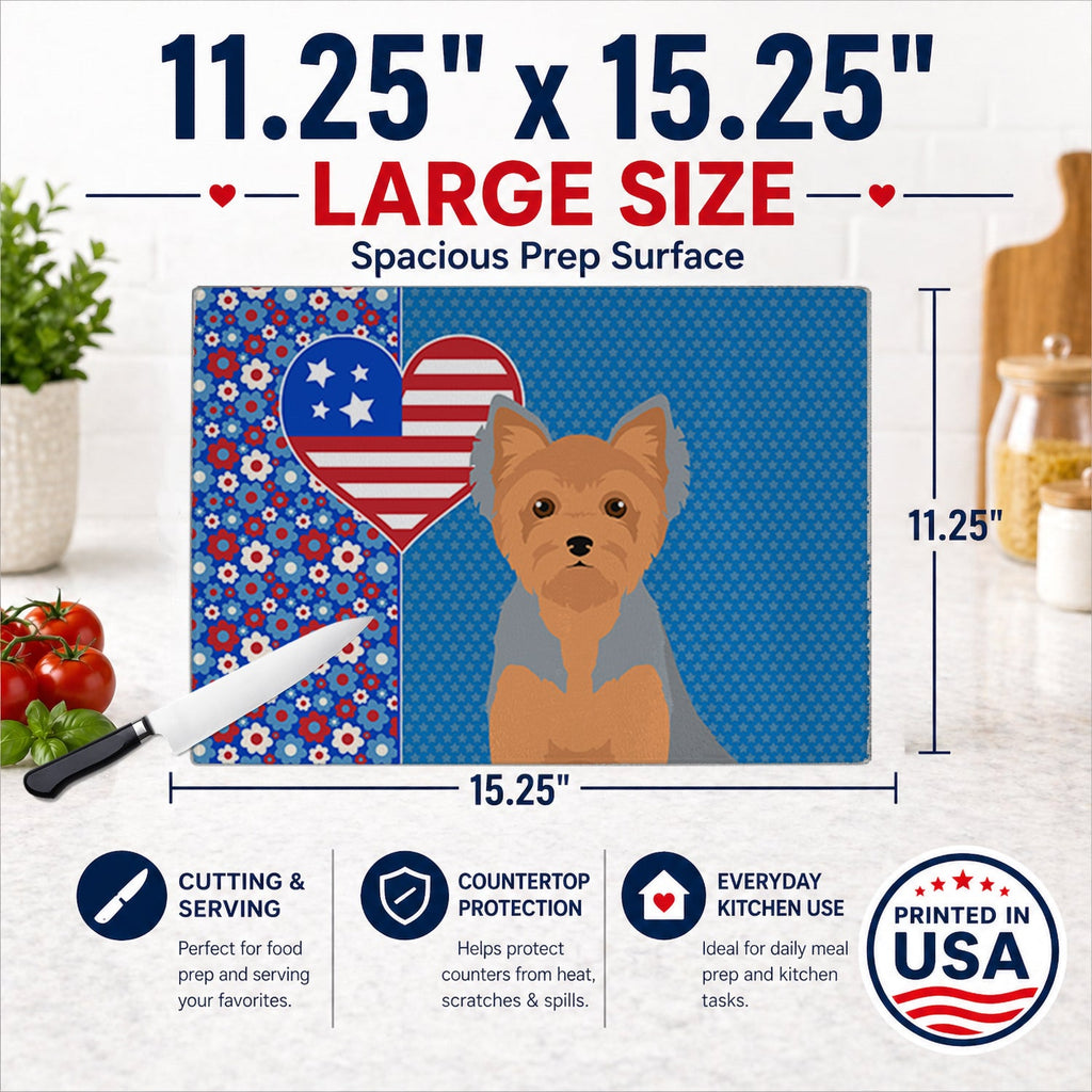 Blue and Tan Puppy Cut Yorkshire Terrier USA American Cutting Board Tempered Glass Kitchen Cutting Surface, Heat Resistant Chopping, Non-Slip Feet, Food Prep & Serving