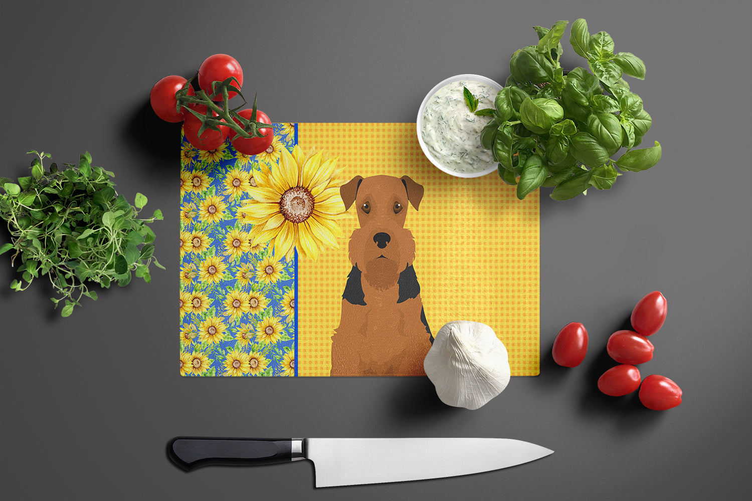Summer Sunflowers Black and Tan Airedale Terrier Cutting Board Tempered Glass Kitchen Cutting Surface, Heat Resistant Chopping, Non-Slip Feet, Food Prep & Serving