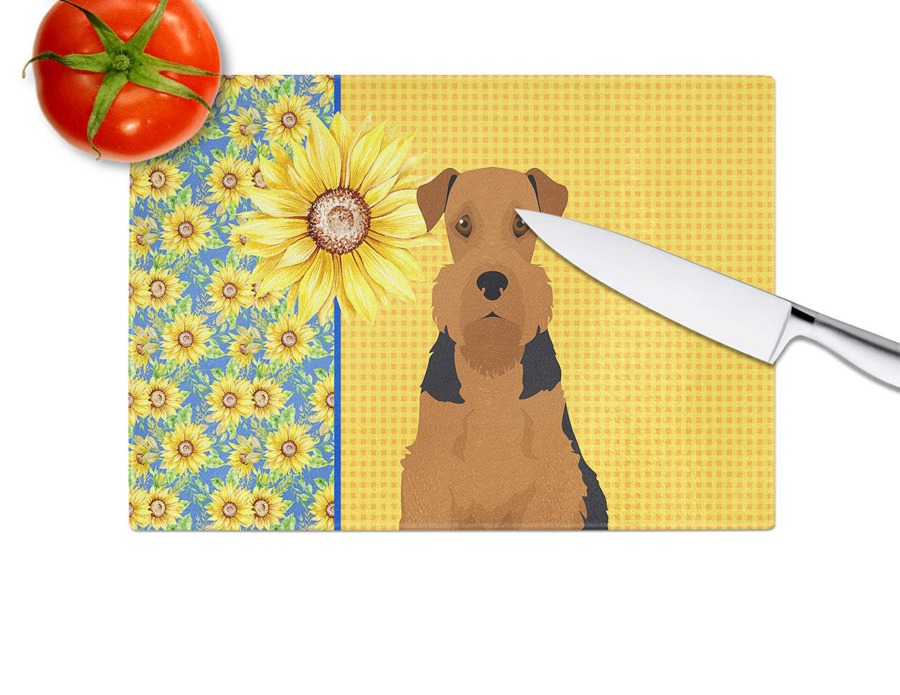 Summer Sunflowers Black and Tan Airedale Terrier Cutting Board Tempered Glass Kitchen Cutting Surface, Heat Resistant Chopping, Non-Slip Feet, Food Prep & Serving