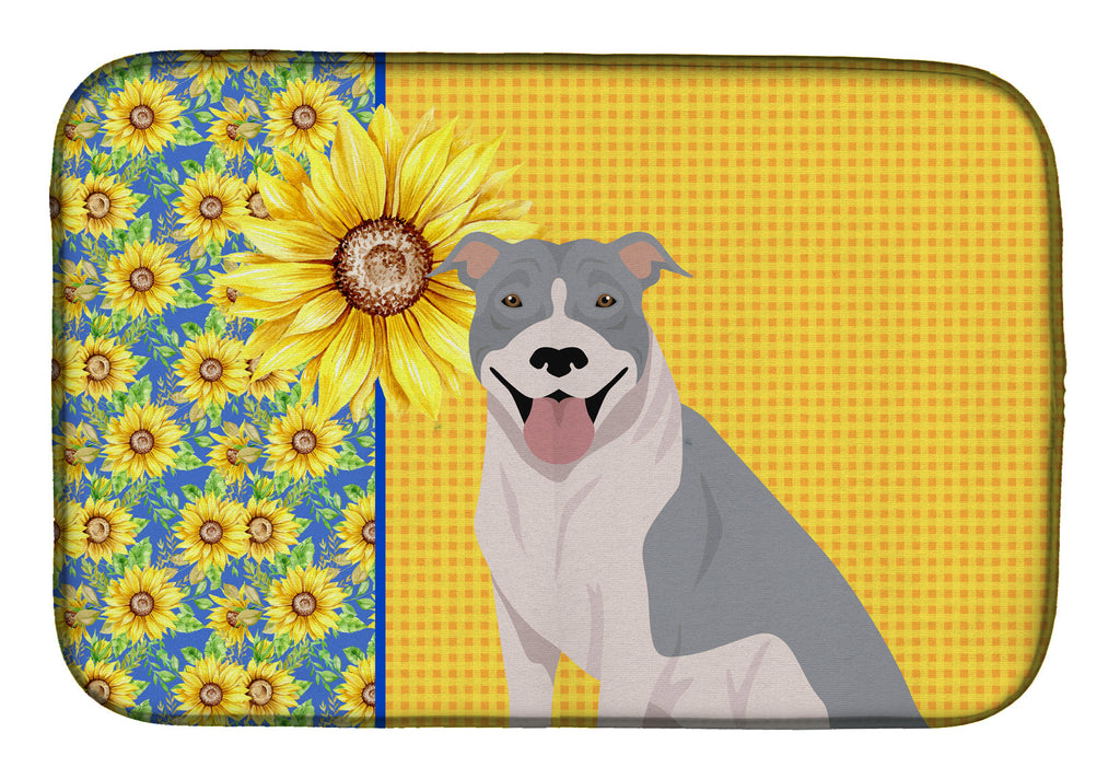 Summer Sunflowers Blue and White Pit Bull Terrier Dish Drying Mat Absorbent Dish Drying Mat Pad for Kitchen Counter Dish Drainer Mat for Countertop, 14 x 21", Multicolor
