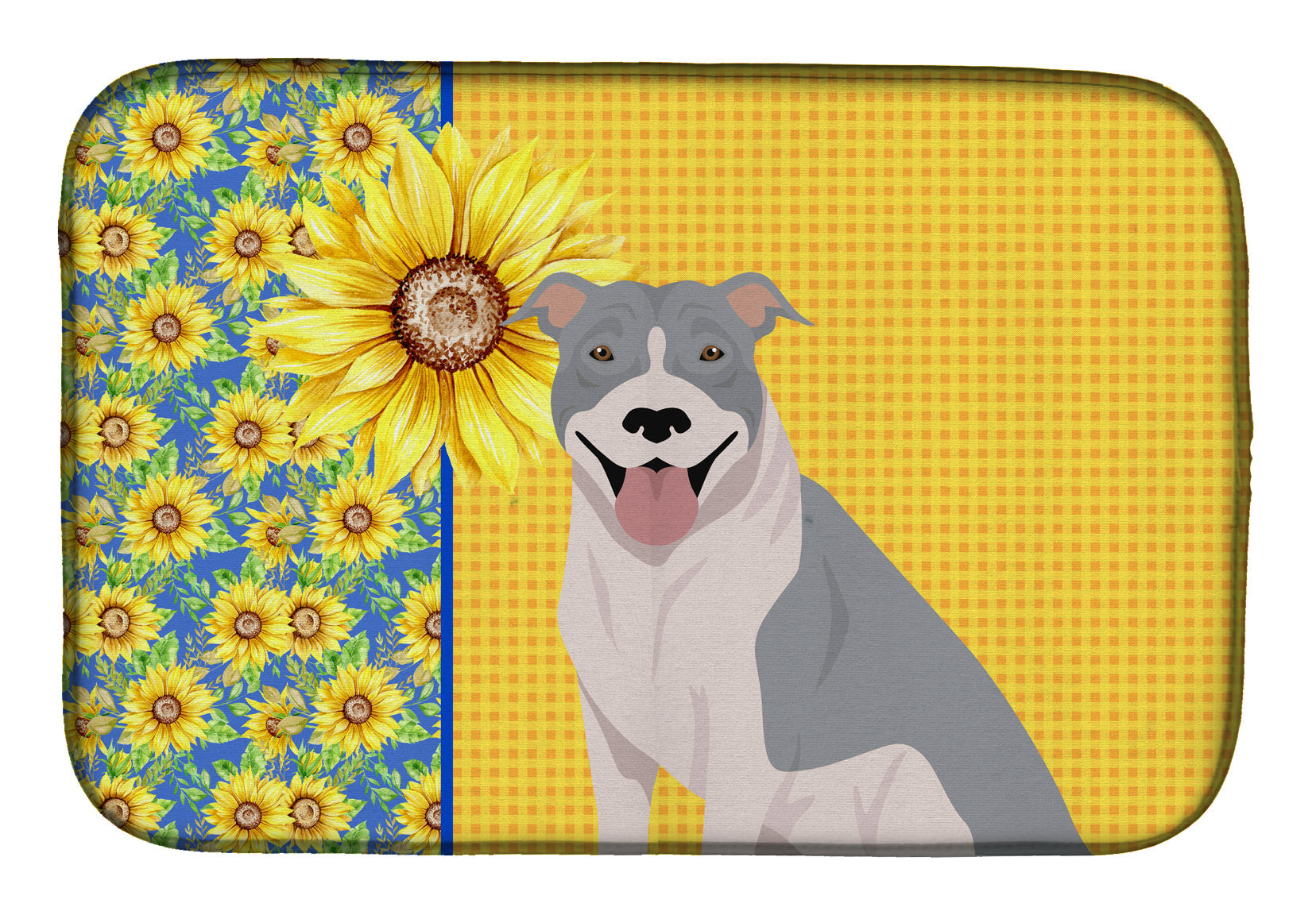 Summer Sunflowers Blue and White Pit Bull Terrier Dish Drying Mat Absorbent Dish Drying Mat Pad for Kitchen Counter Dish Drainer Mat for Countertop, 14 x 21", Multicolor
