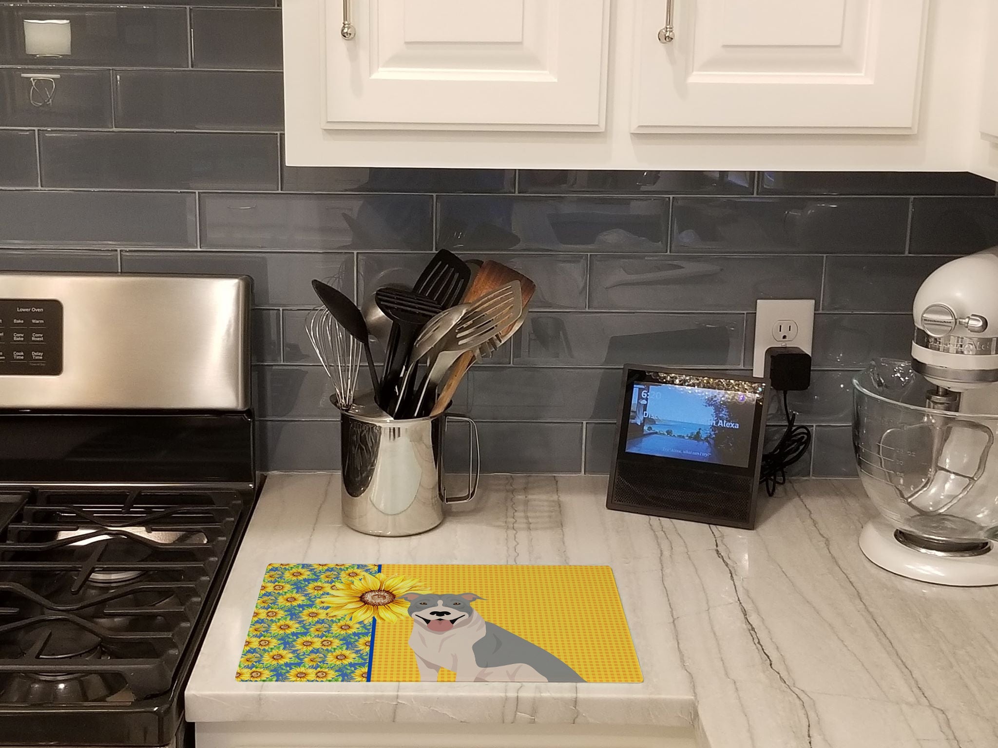 Summer Sunflowers Blue and White Pit Bull Terrier Cutting Board Tempered Glass Kitchen Cutting Surface, Heat Resistant Chopping, Non-Slip Feet, Food Prep & Serving