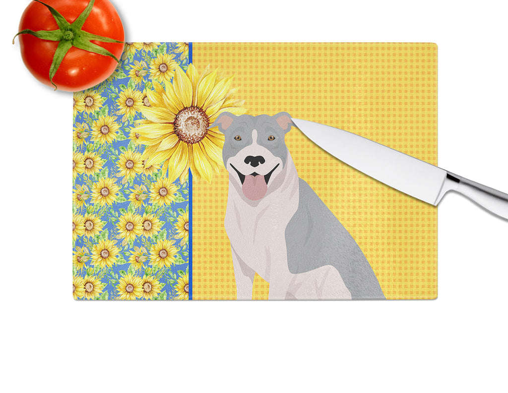 Summer Sunflowers Blue and White Pit Bull Terrier Cutting Board Tempered Glass Kitchen Cutting Surface, Heat Resistant Chopping, Non-Slip Feet, Food Prep & Serving