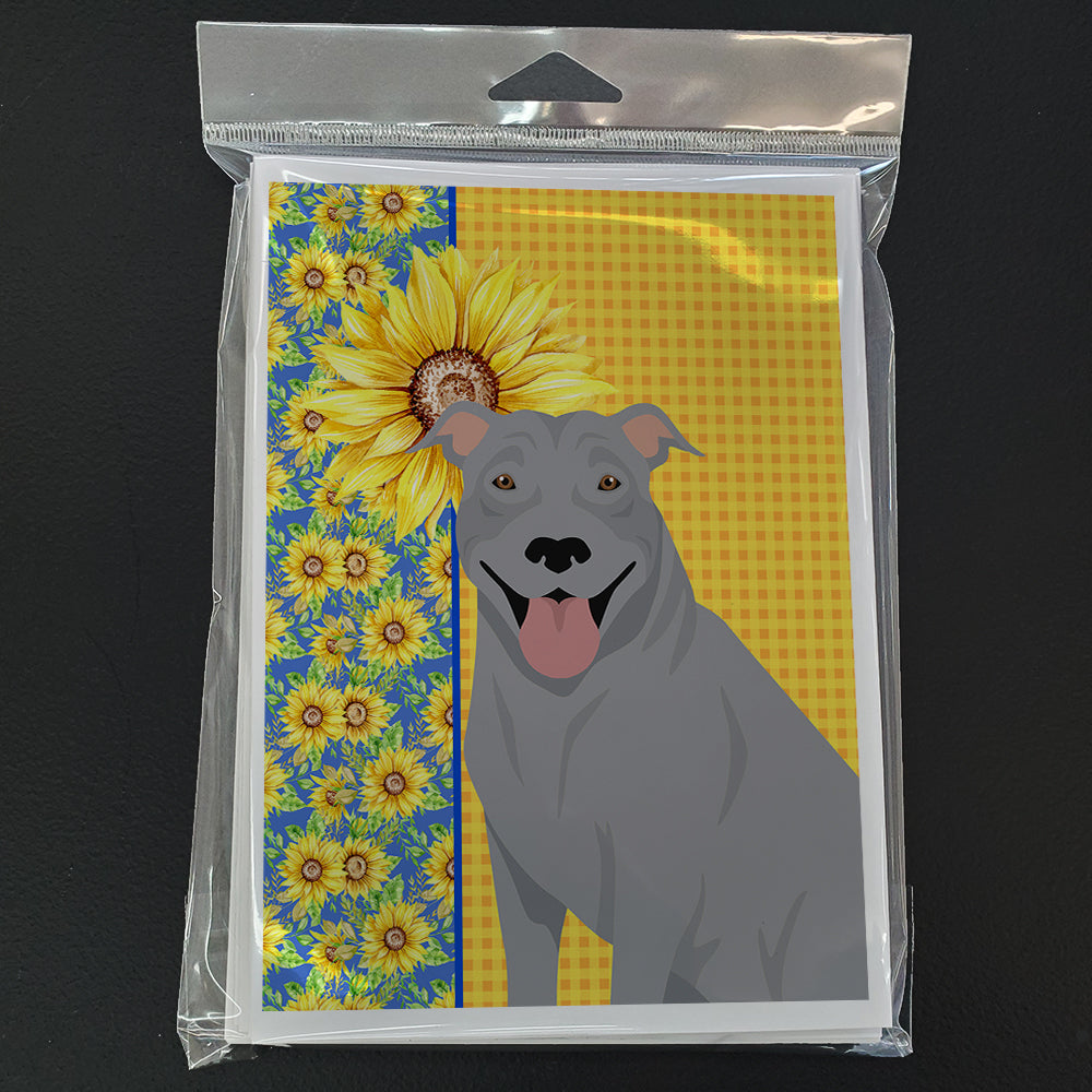 Summer Sunflowers Blue Pit Bull Terrier Greeting Cards Pack of 8 Blank Cards with Envelopes Whimsical A7 Size 5x7