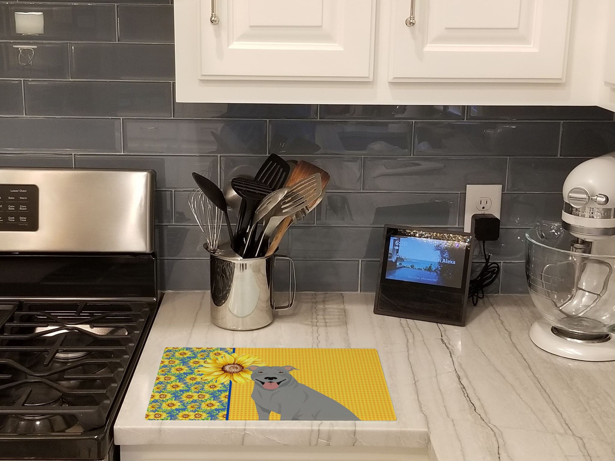 Summer Sunflowers Blue Pit Bull Terrier Cutting Board Tempered Glass Kitchen Cutting Surface, Heat Resistant Chopping, Non-Slip Feet, Food Prep & Serving
