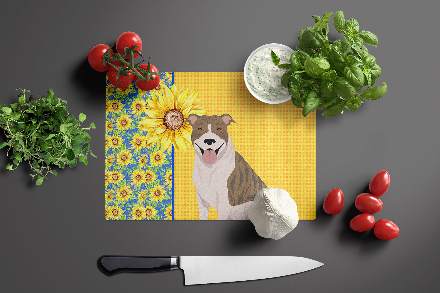 Summer Sunflowers Fawn Brindle Pit Bull Terrier Cutting Board Tempered Glass Kitchen Cutting Surface, Heat Resistant Chopping, Non-Slip Feet, Food Prep & Serving