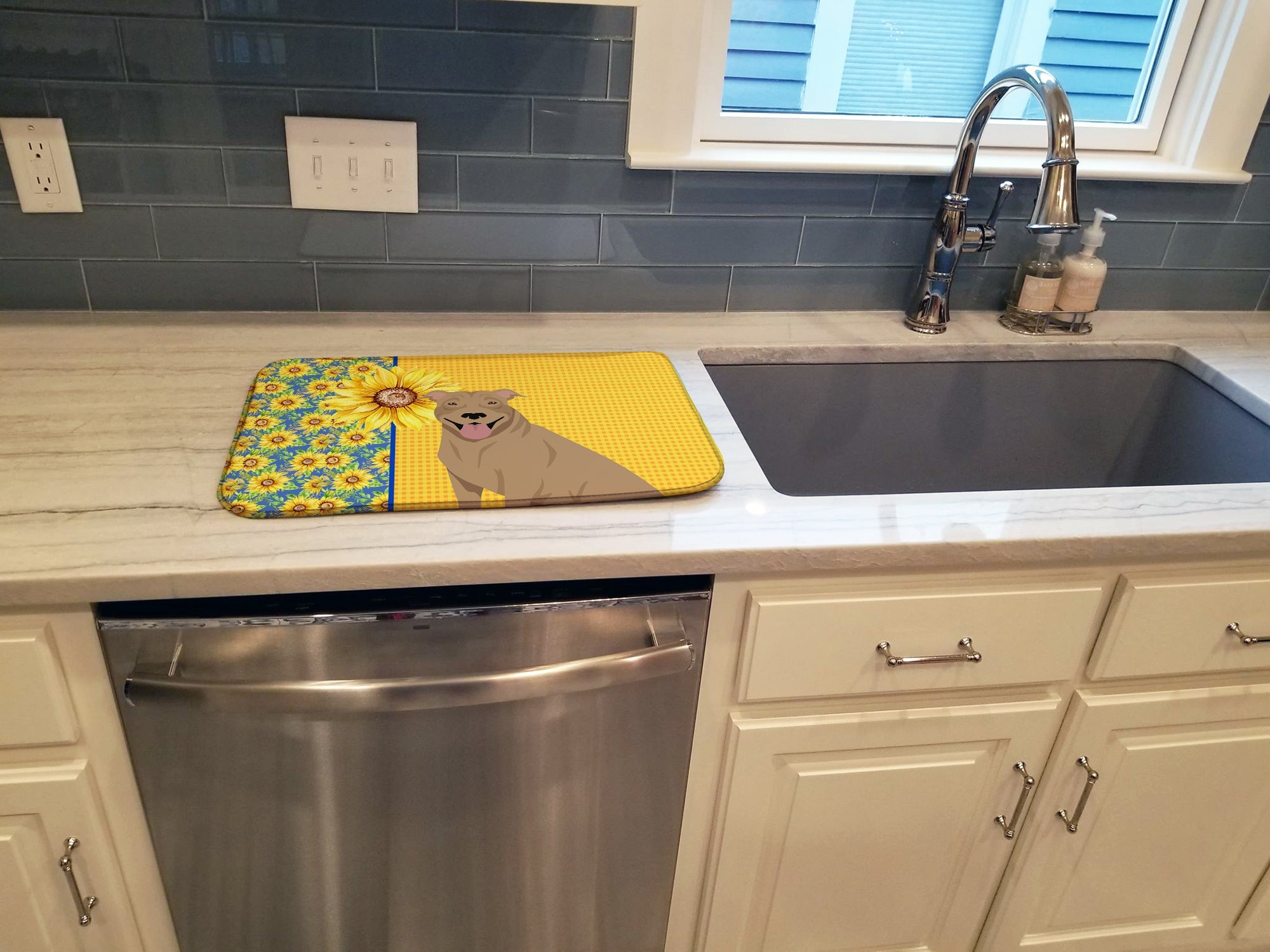 Summer Sunflowers Fawn Pit Bull Terrier Dish Drying Mat Absorbent Dish Drying Mat Pad for Kitchen Counter Dish Drainer Mat for Countertop, 14 x 21", Multicolor