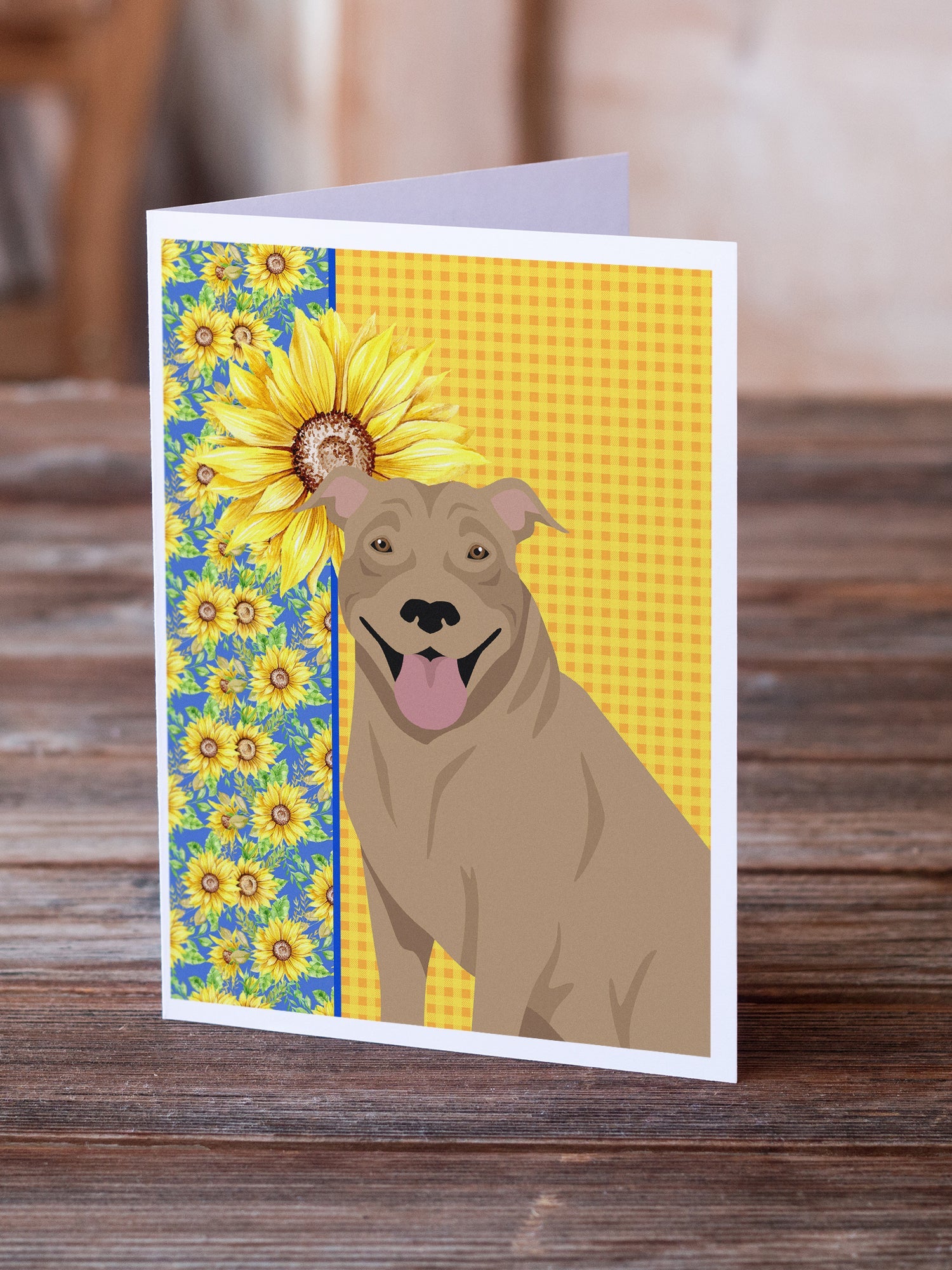 Summer Sunflowers Fawn Pit Bull Terrier Greeting Cards Pack of 8 Blank Cards with Envelopes Whimsical A7 Size 5x7