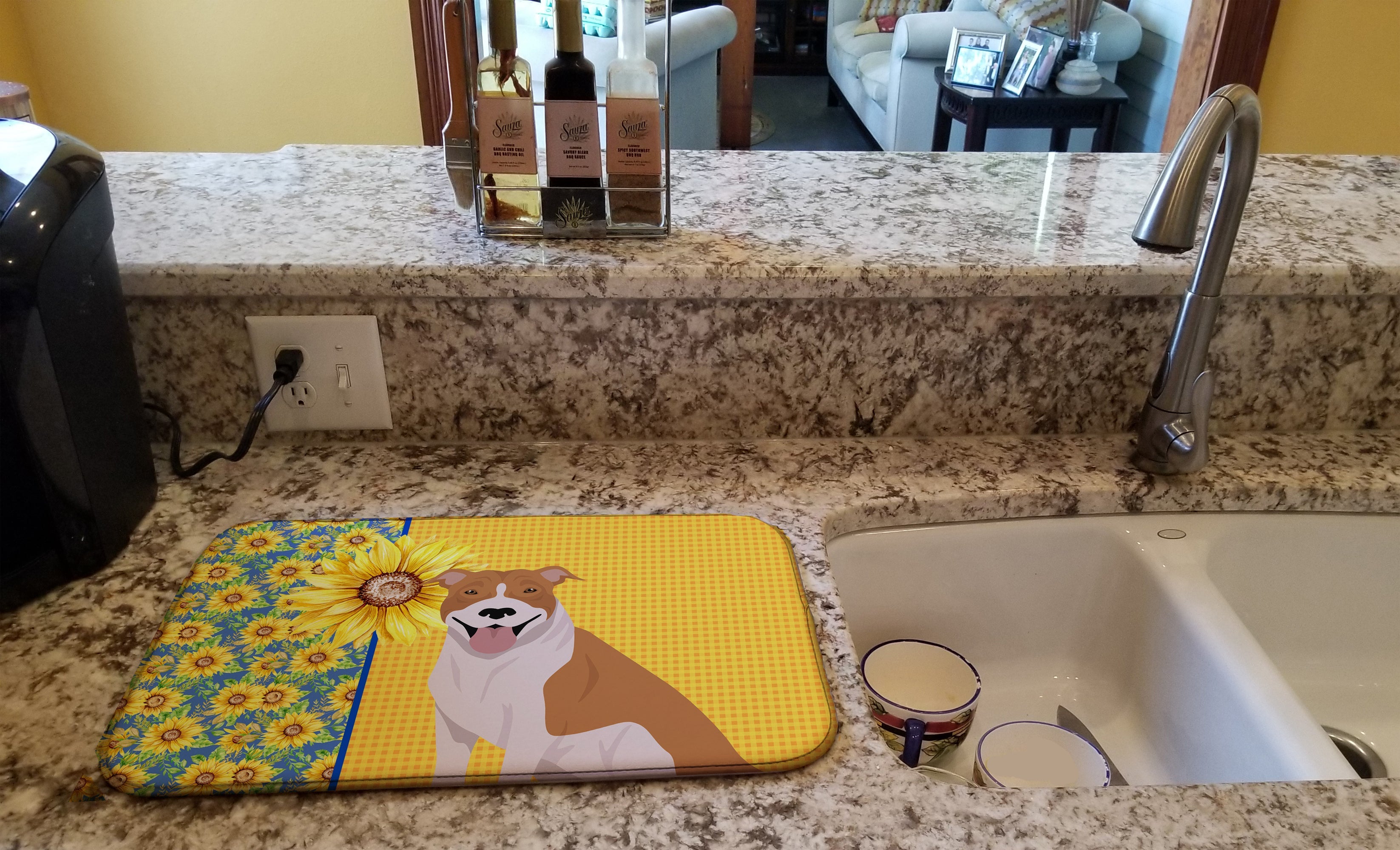 Summer Sunflowers Red and White Pit Bull Terrier Dish Drying Mat Absorbent Dish Drying Mat Pad for Kitchen Counter Dish Drainer Mat for Countertop, 14 x 21", Multicolor