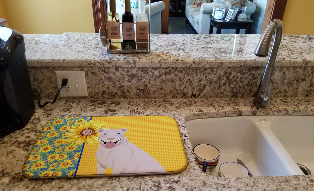 Summer Sunflowers White Pit Bull Terrier Dish Drying Mat Absorbent Dish Drying Mat Pad for Kitchen Counter Dish Drainer Mat for Countertop, 14 x 21", Multicolor