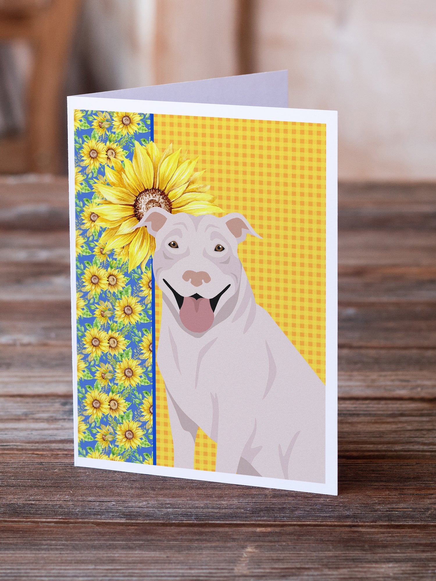 Summer Sunflowers White Pit Bull Terrier Greeting Cards Pack of 8 Blank Cards with Envelopes Whimsical A7 Size 5x7