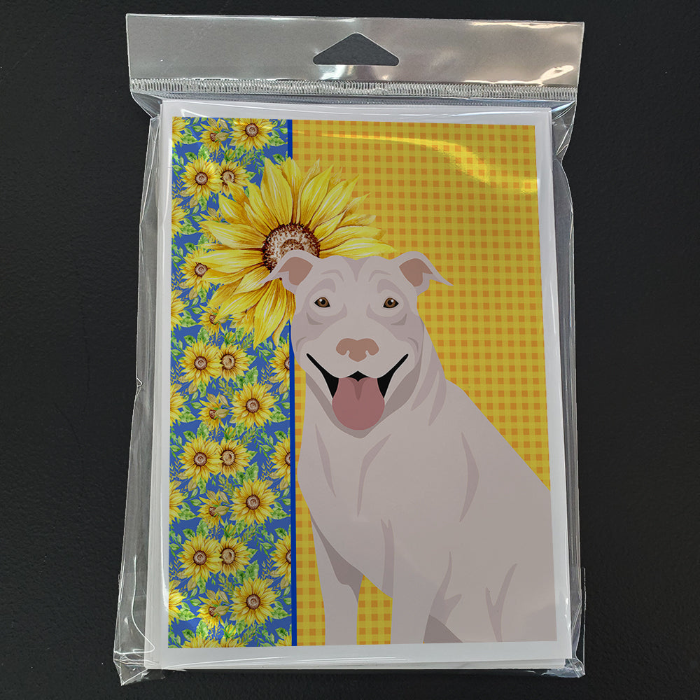 Summer Sunflowers White Pit Bull Terrier Greeting Cards Pack of 8 Blank Cards with Envelopes Whimsical A7 Size 5x7