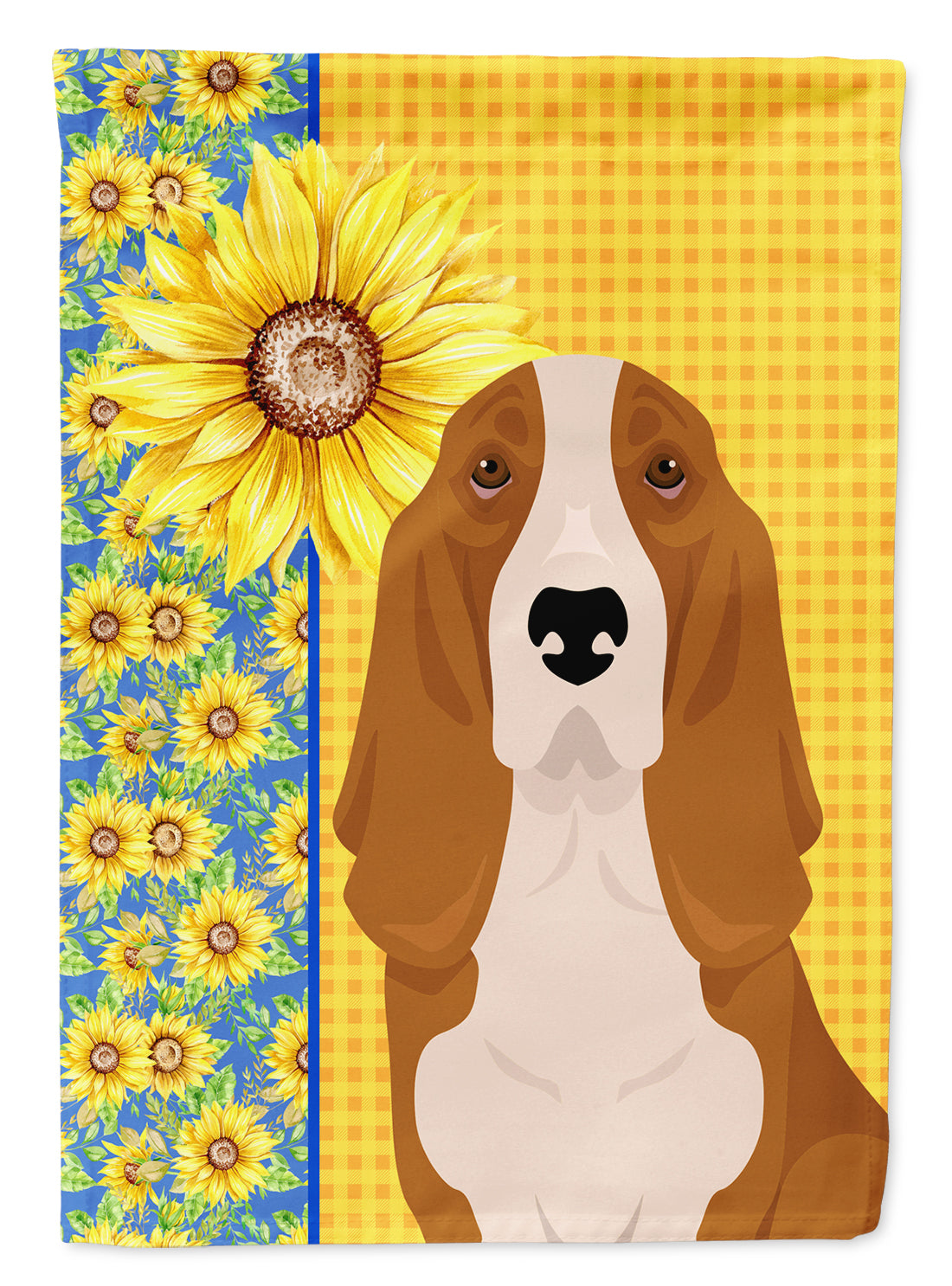 Summer Sunflowers Red and White Tricolor Basset Hound House Flag 28x40 Porch Sleeve Pole Decorative Outside Yard Banner Artwork Wall Hanging, Polyester